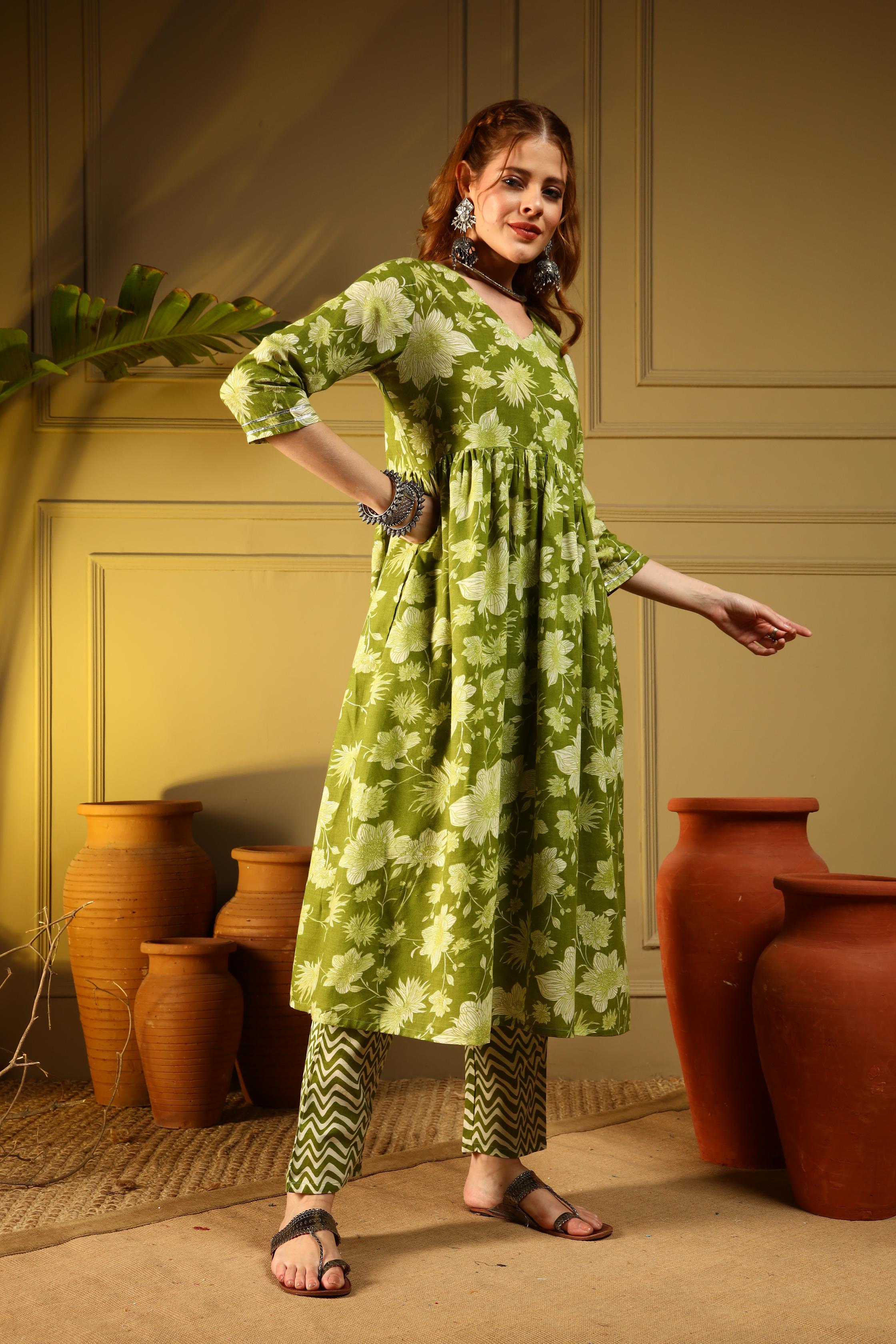 Olive Green Floral Cotton Anarkali Kurta Set