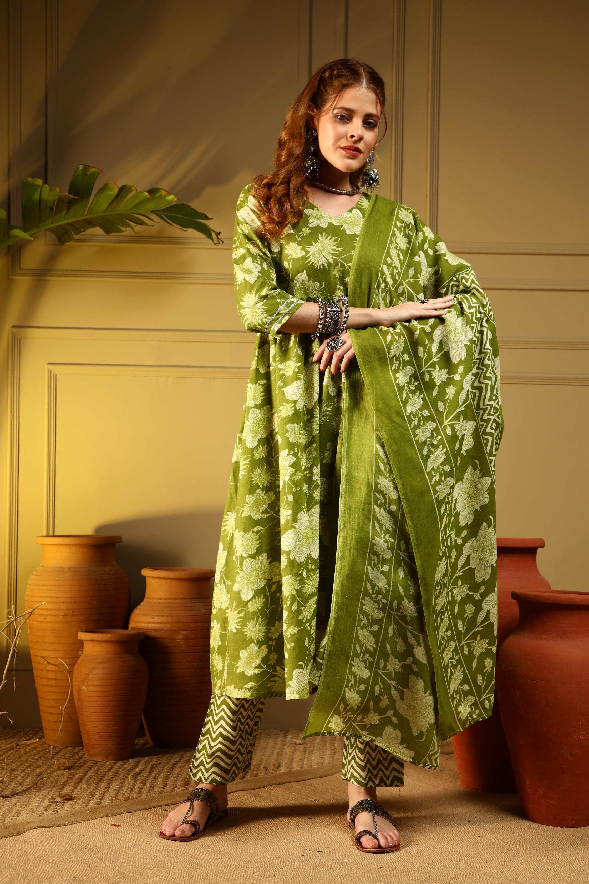Olive Green Floral Cotton Anarkali Kurta Set