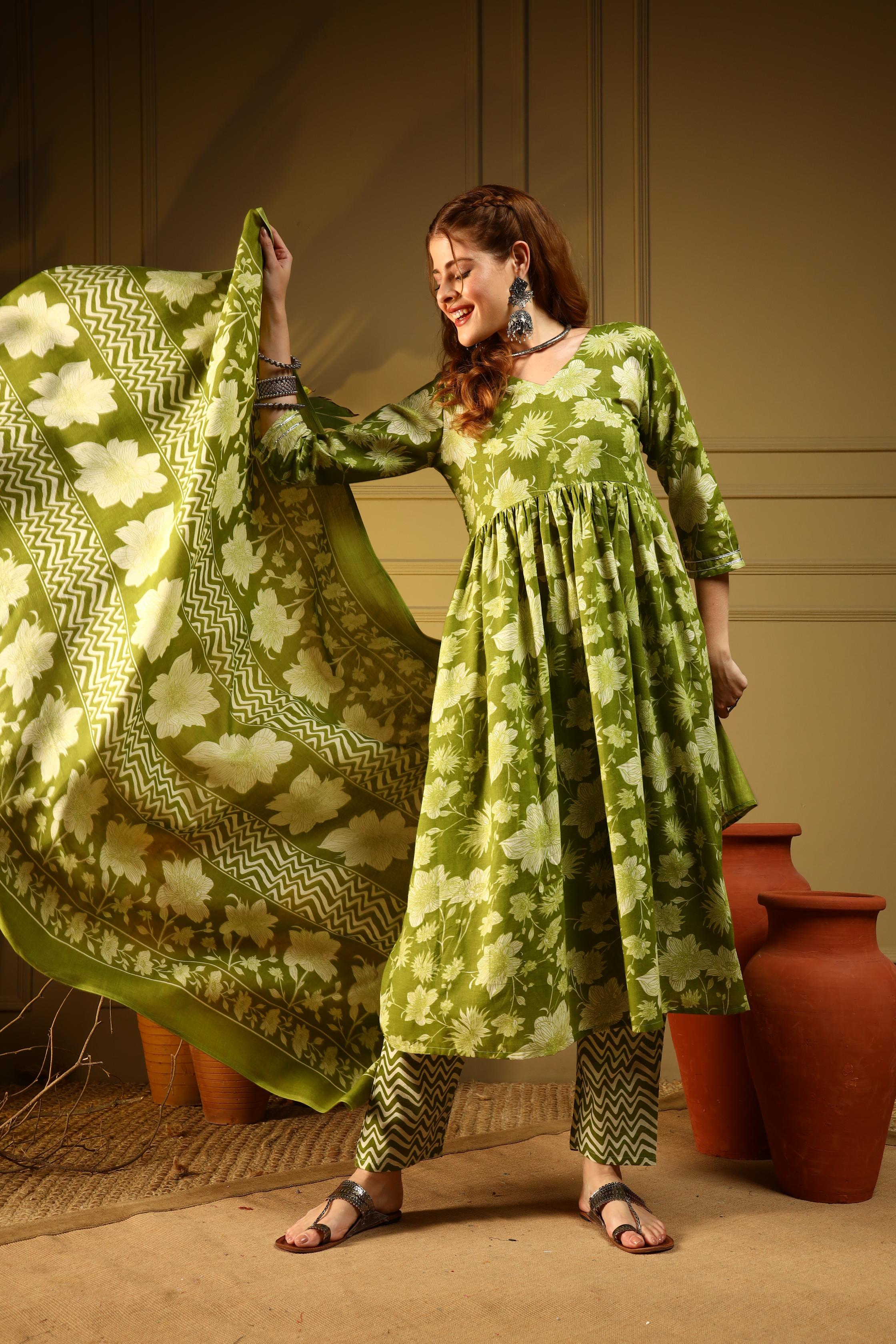 Olive Green Floral Cotton Anarkali Kurta Set