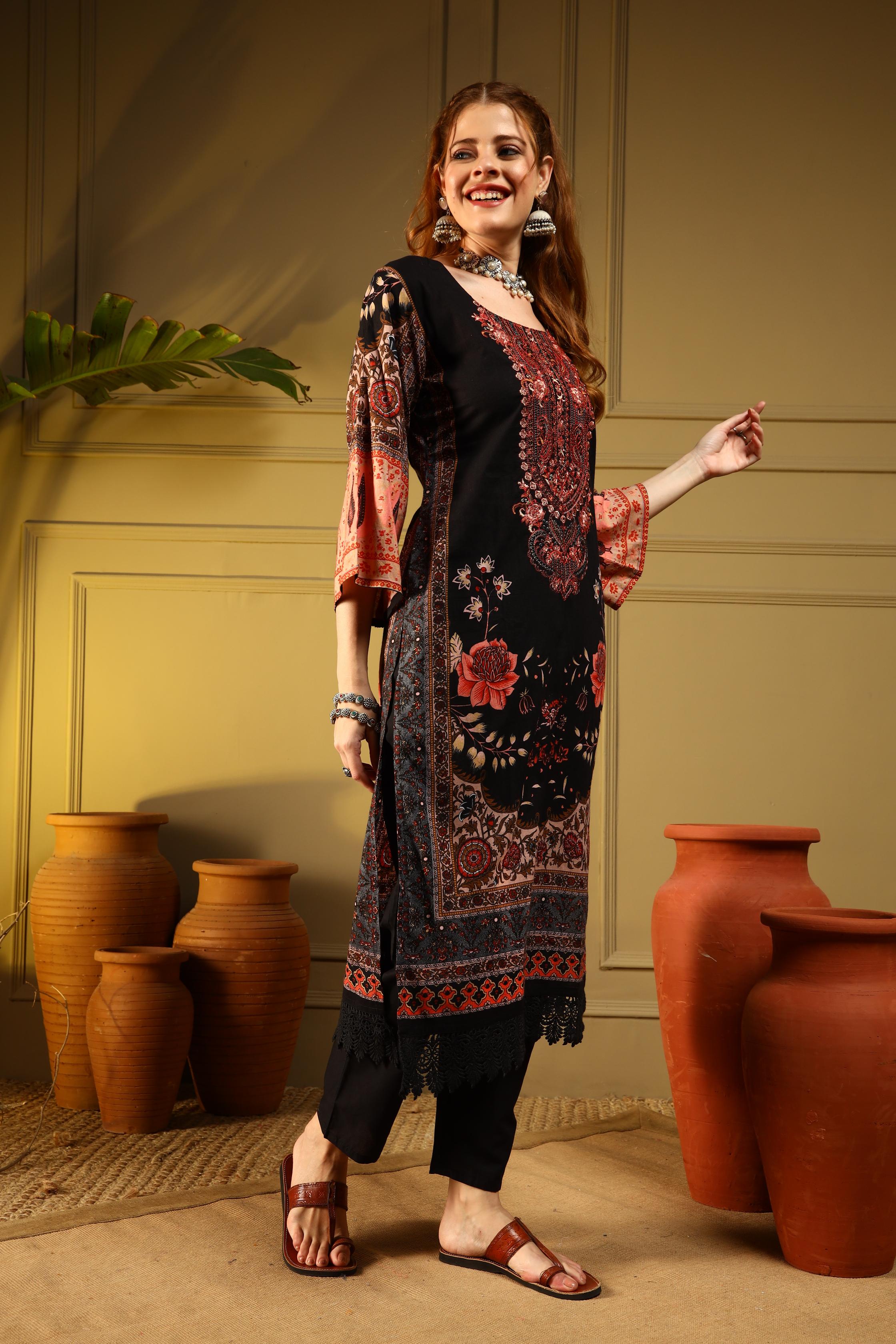 Noir Garden Black Floral Printed Kurta Set