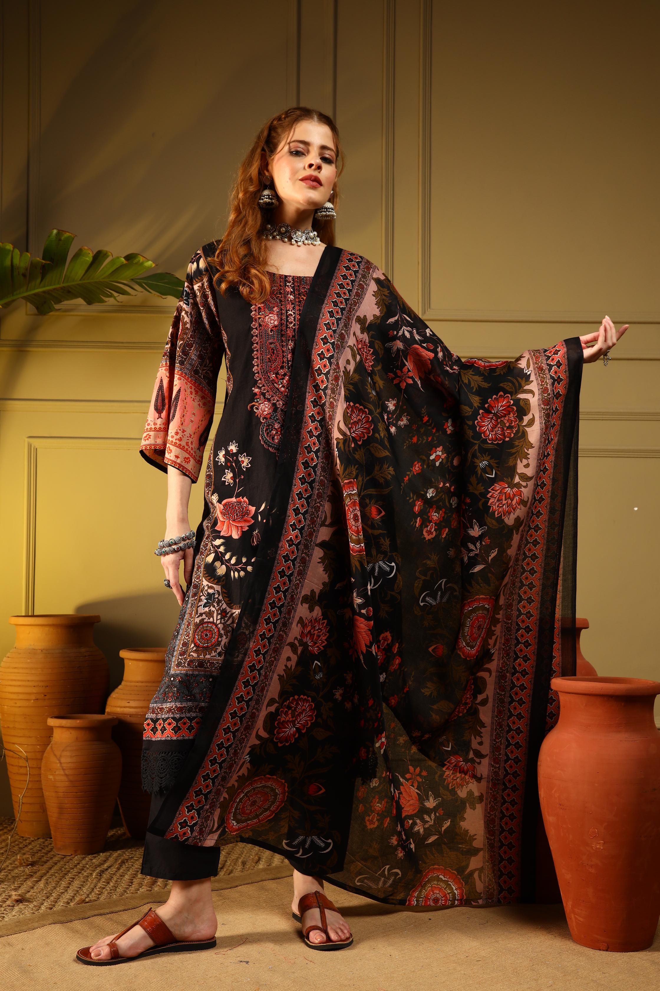 Noir Garden Black Floral Printed Kurta Set