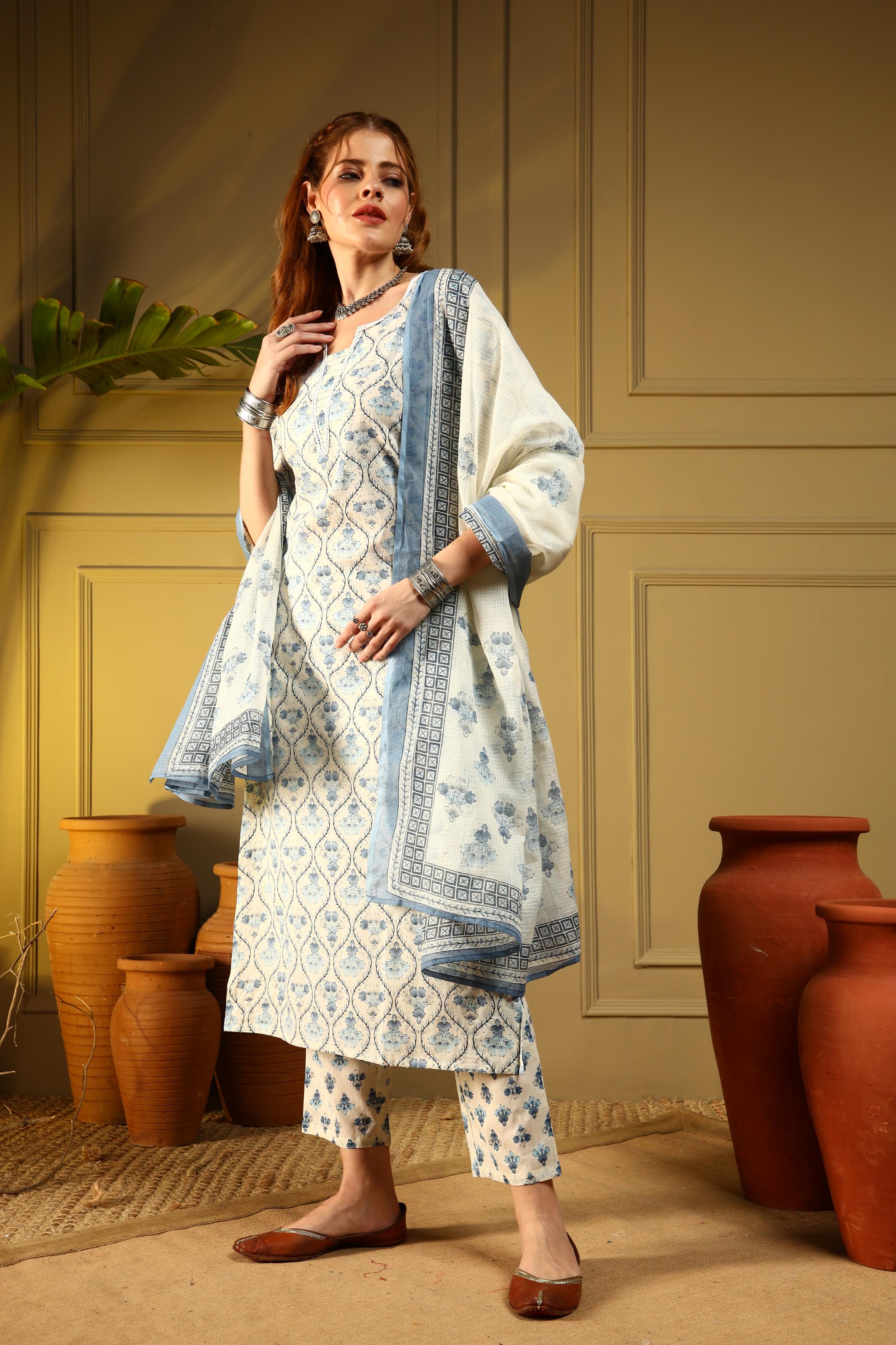 Moonlight Mist White & Blue Kurta Set