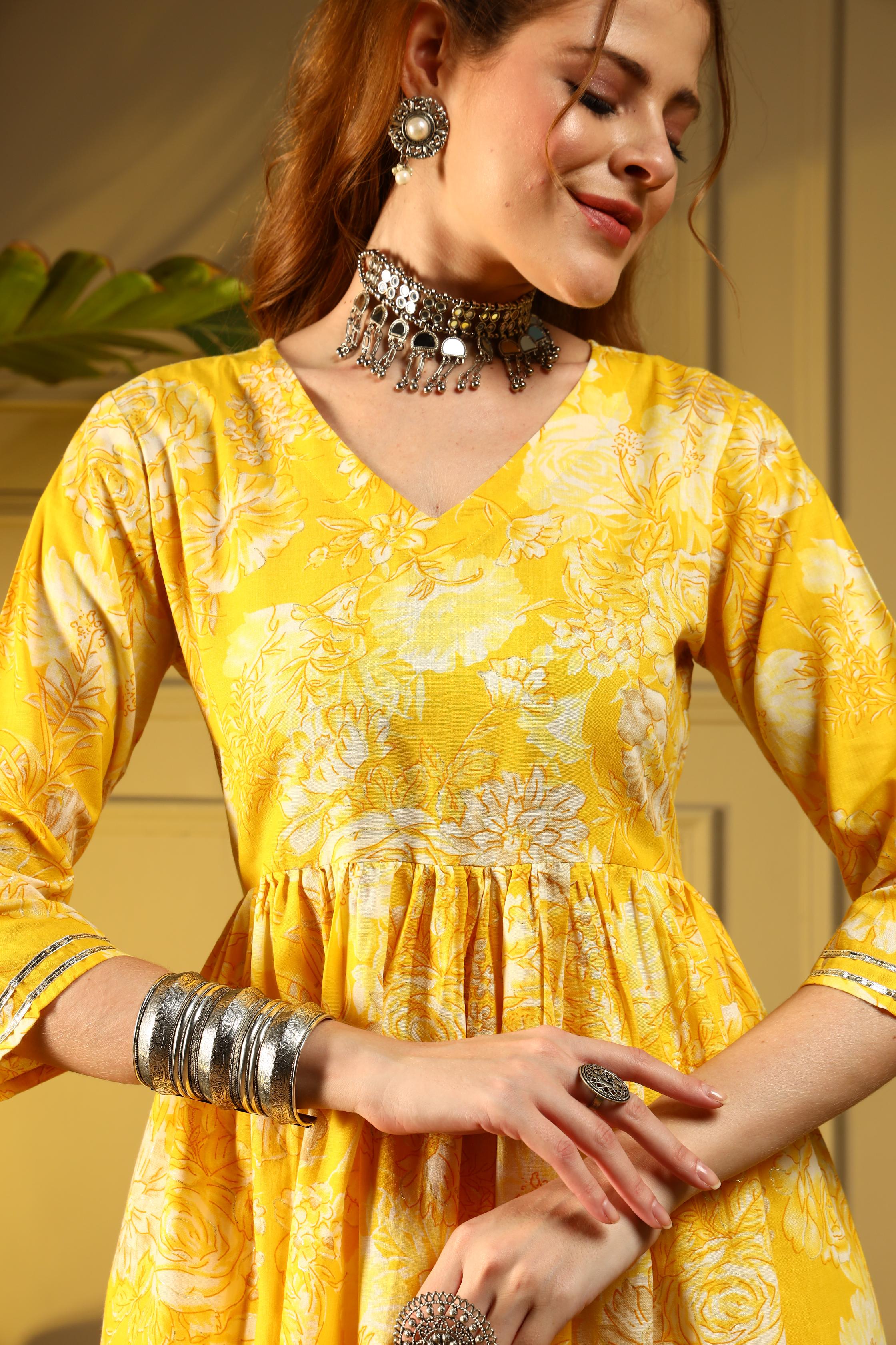 Radiant Yellow Floral Cotton Suit Set