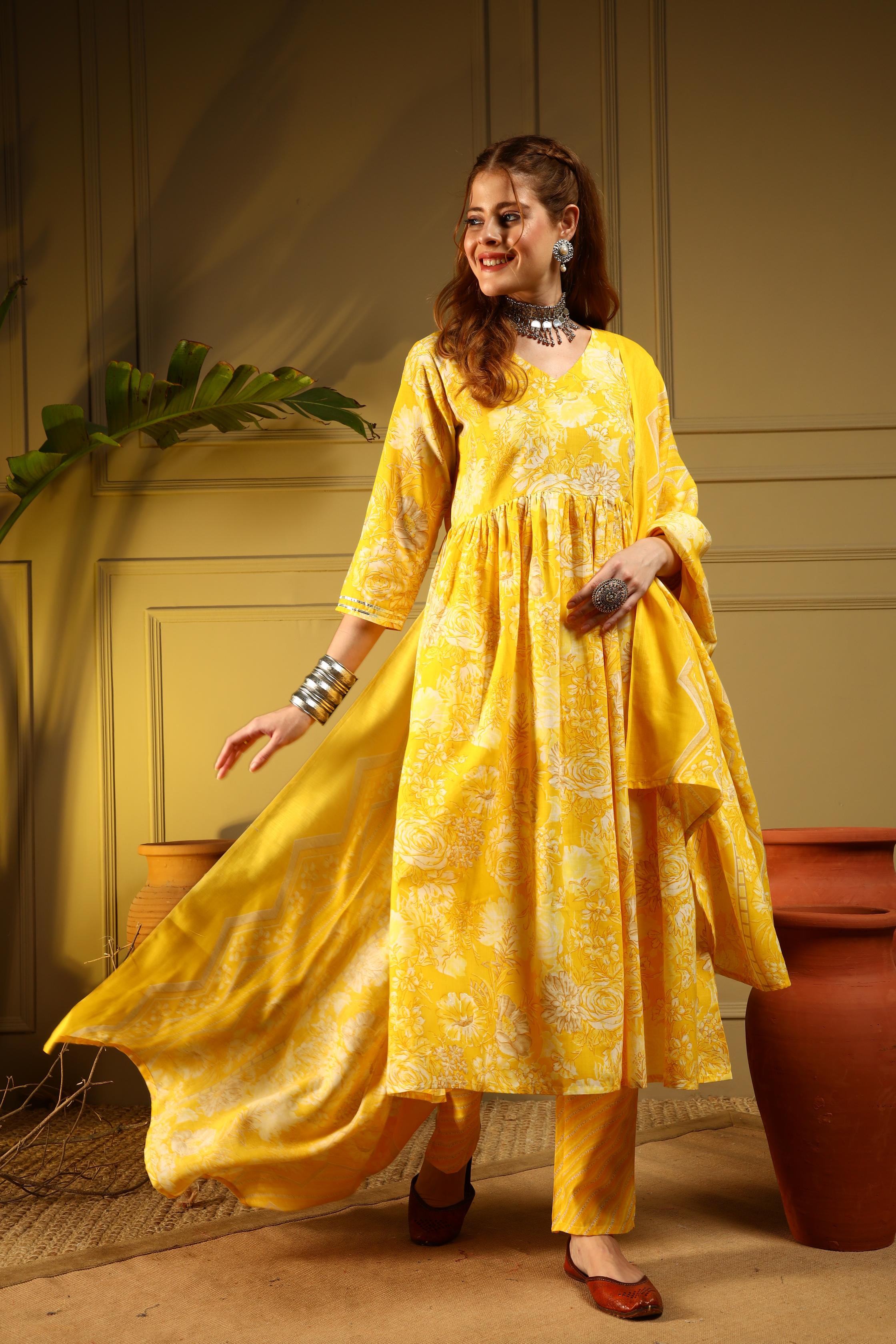 Radiant Yellow Floral Cotton Suit Set