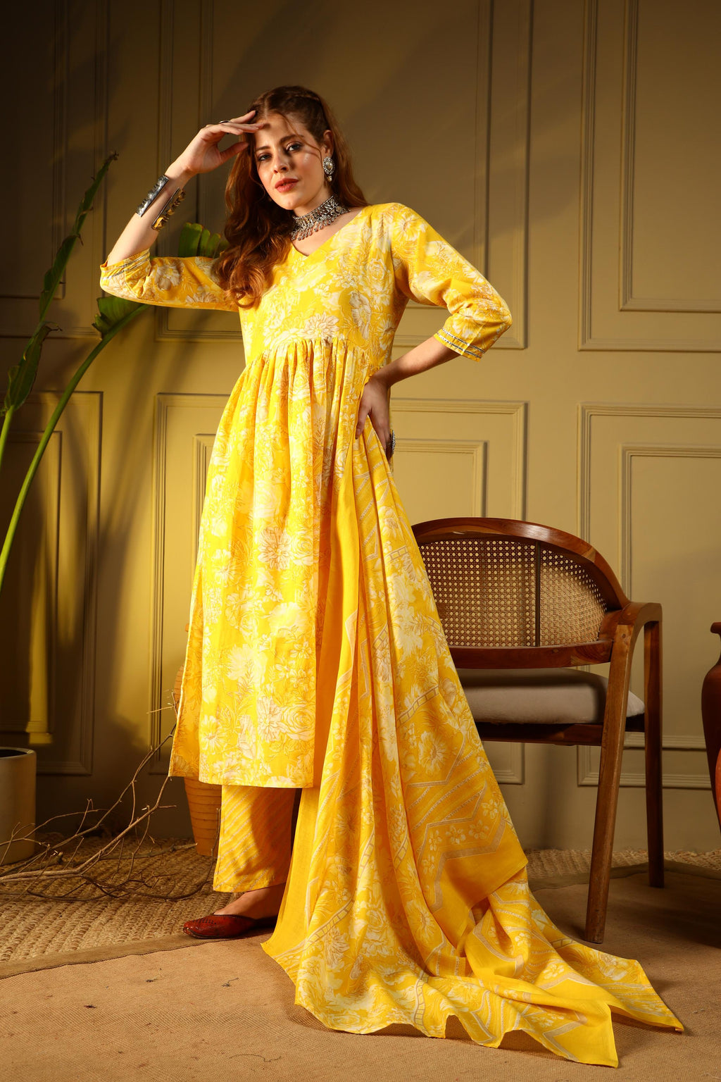 Radiant Yellow Floral Cotton Suit Set