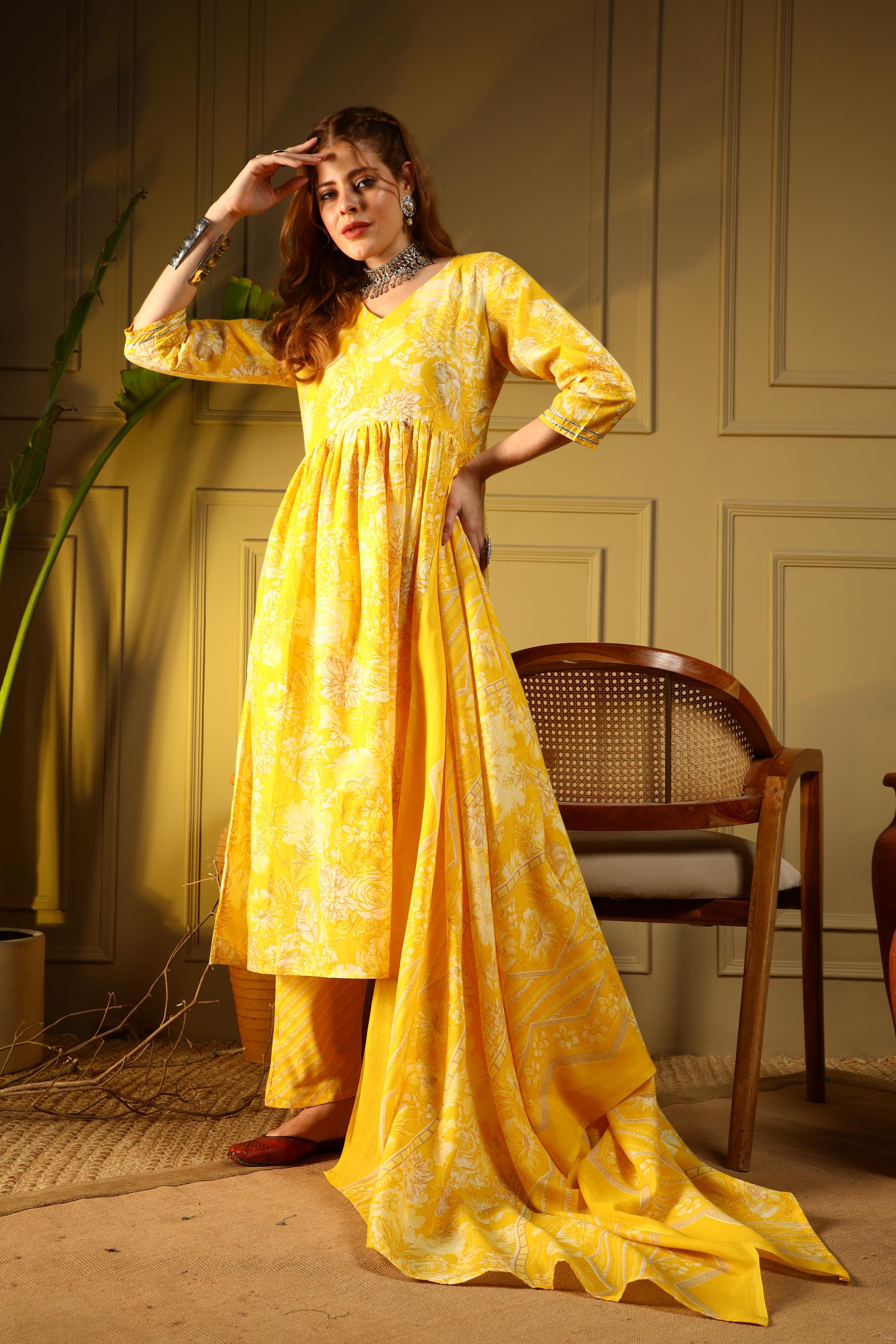 Radiant Yellow Floral Cotton Suit Set