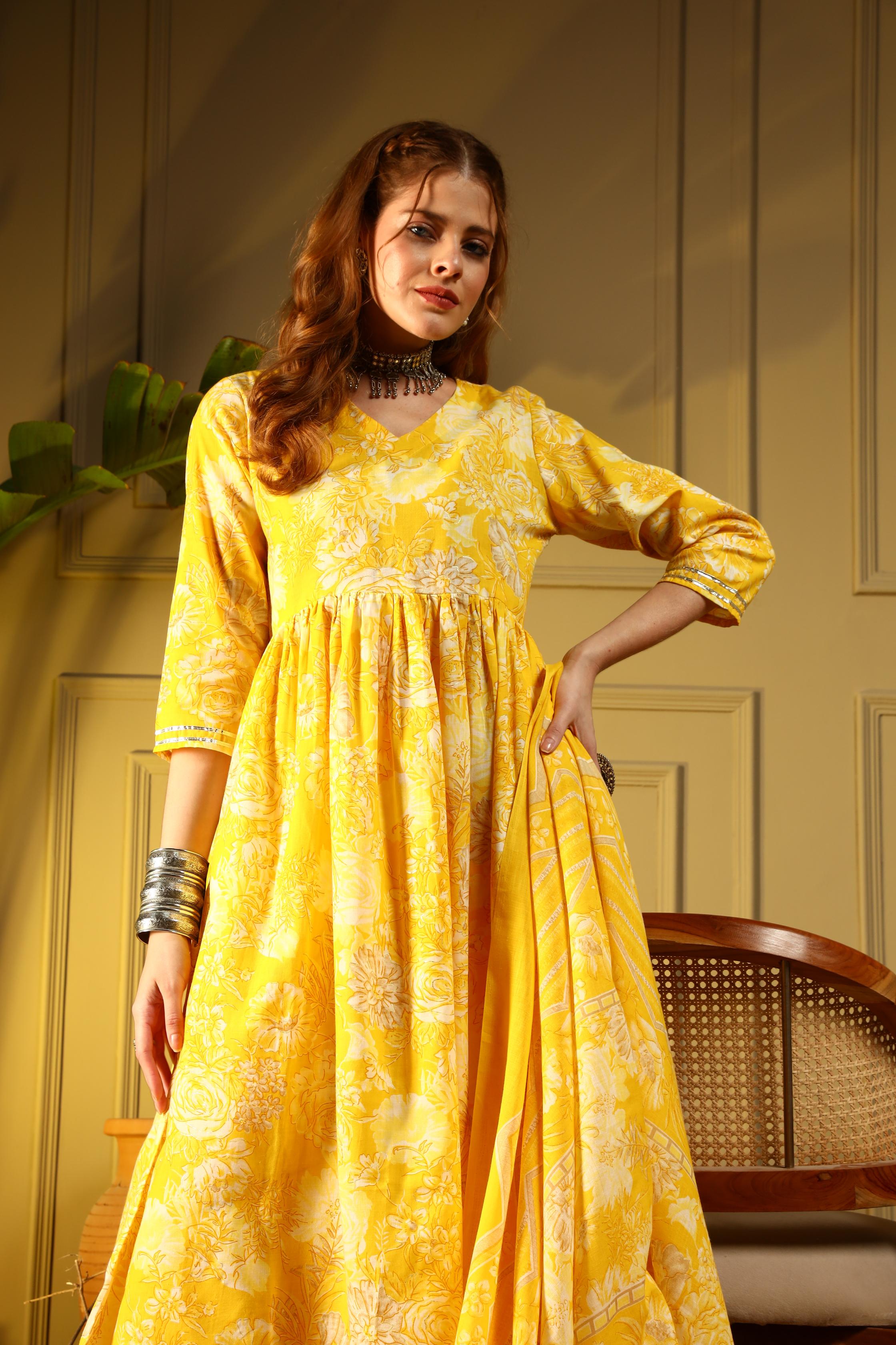 Radiant Yellow Floral Cotton Suit Set