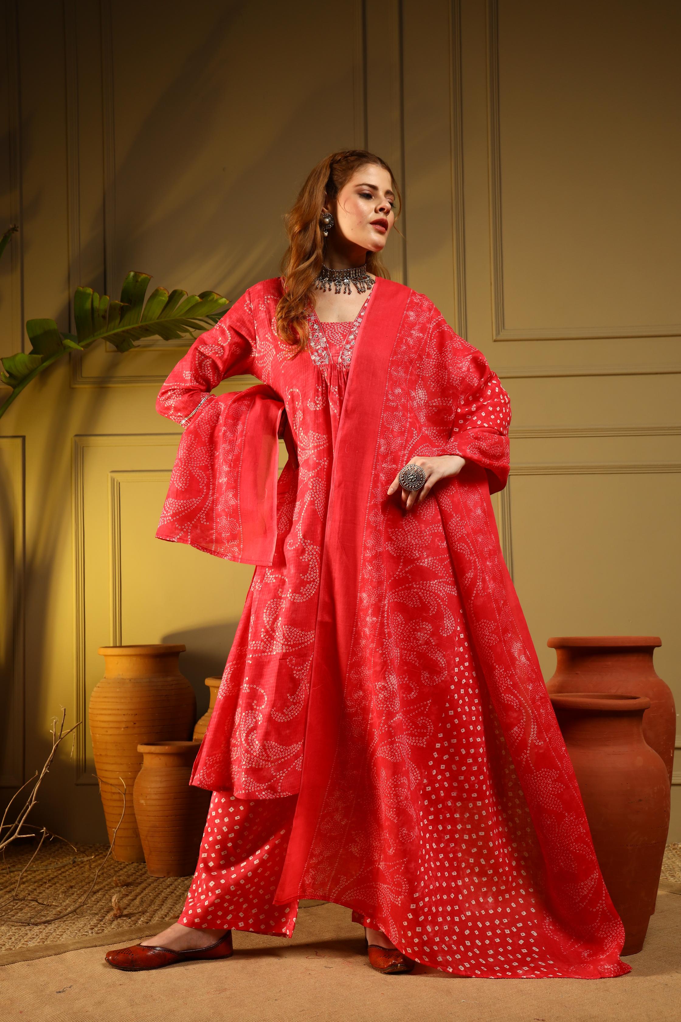 Bold Red Handblock Cotton Suit Set