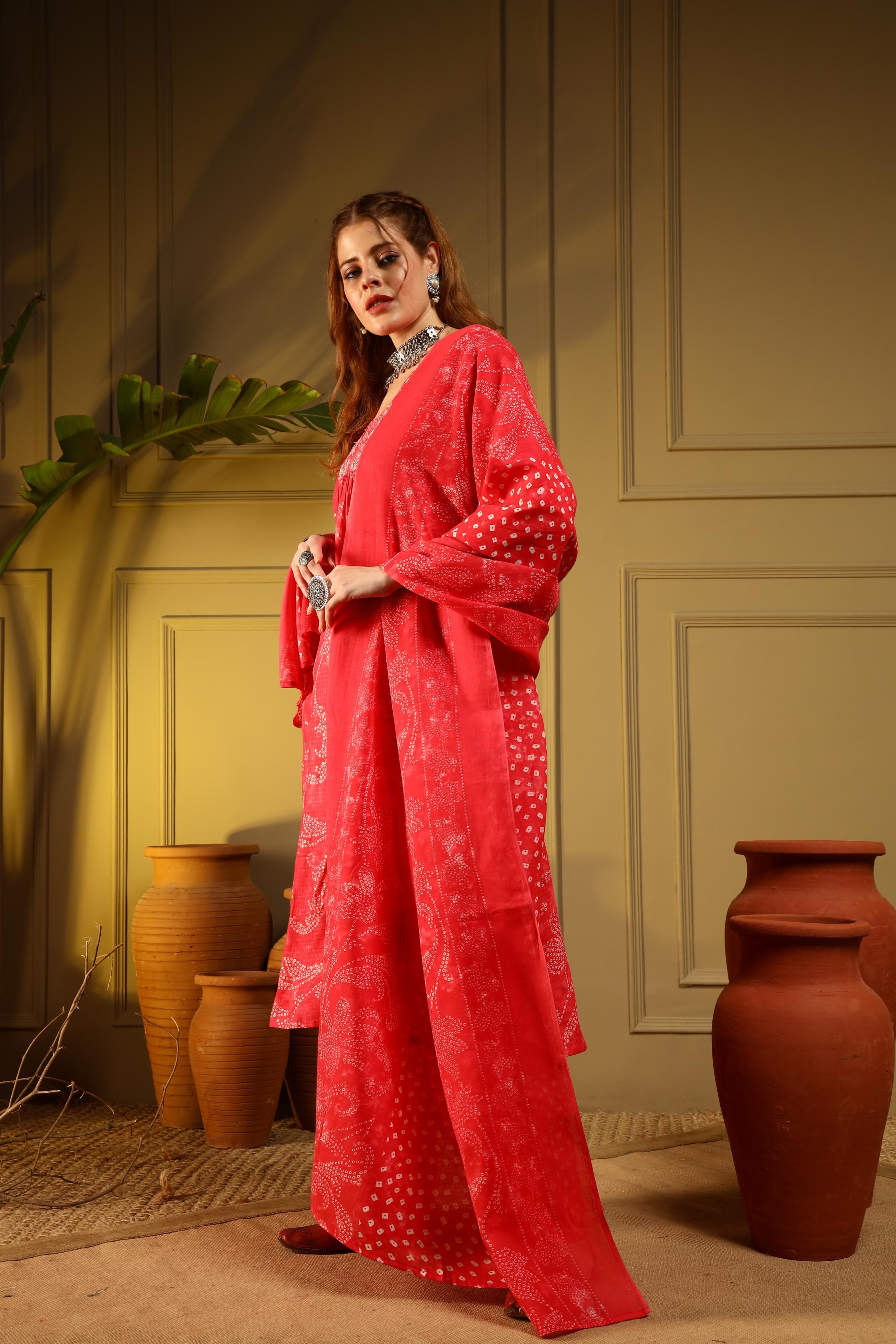 Bold Red Handblock Cotton Suit Set