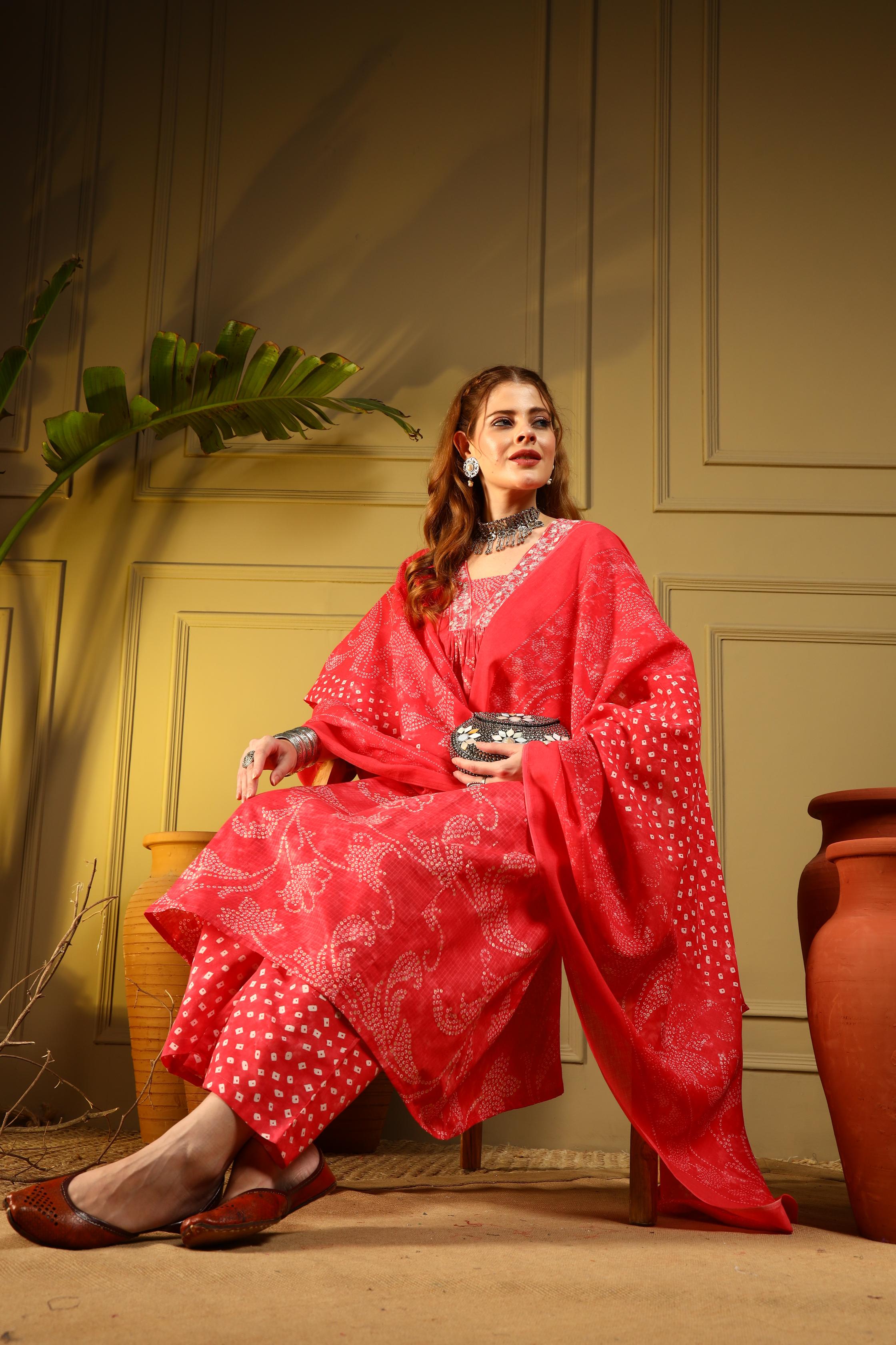 Bold Red Handblock Cotton Suit Set