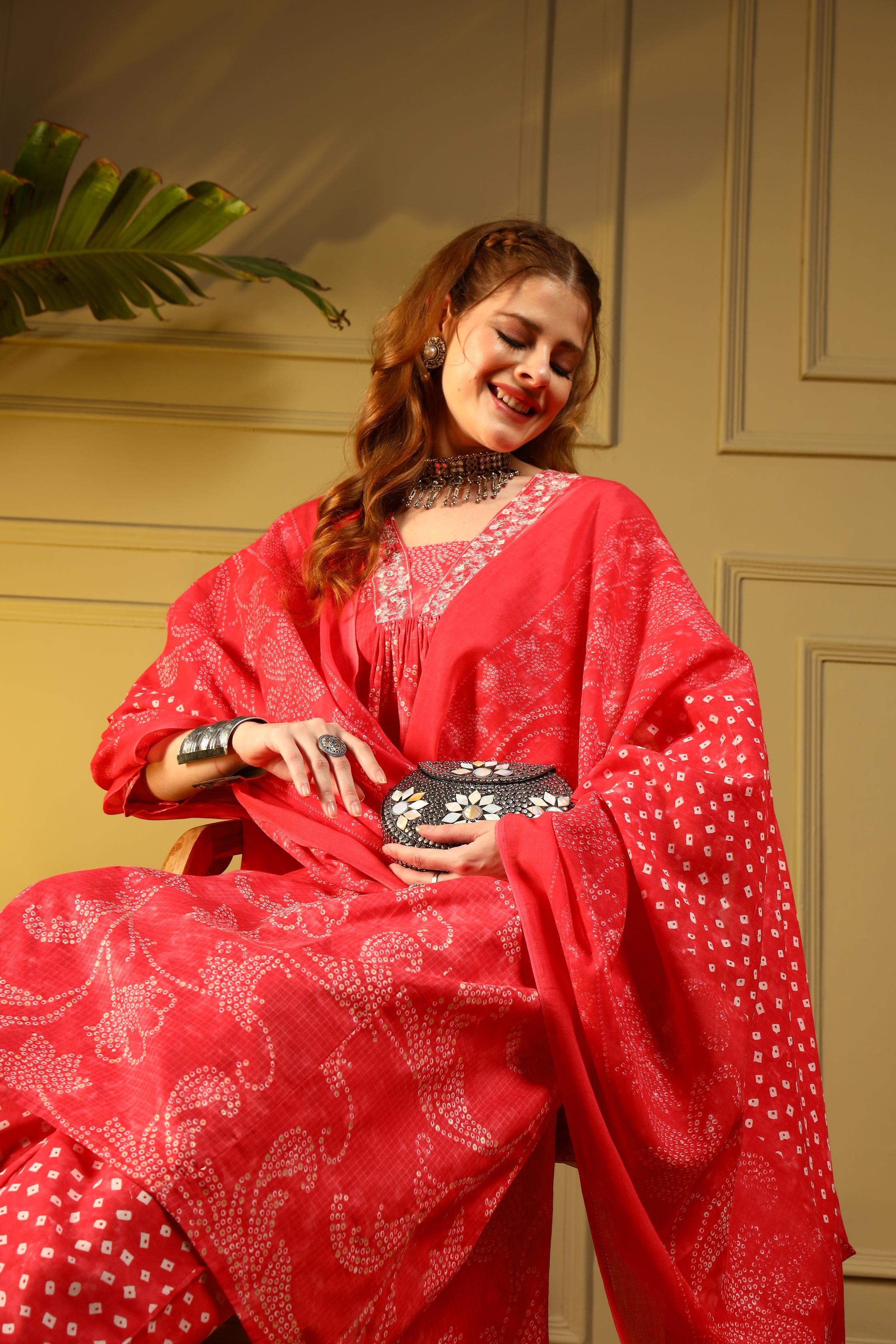 Bold Red Handblock Cotton Suit Set