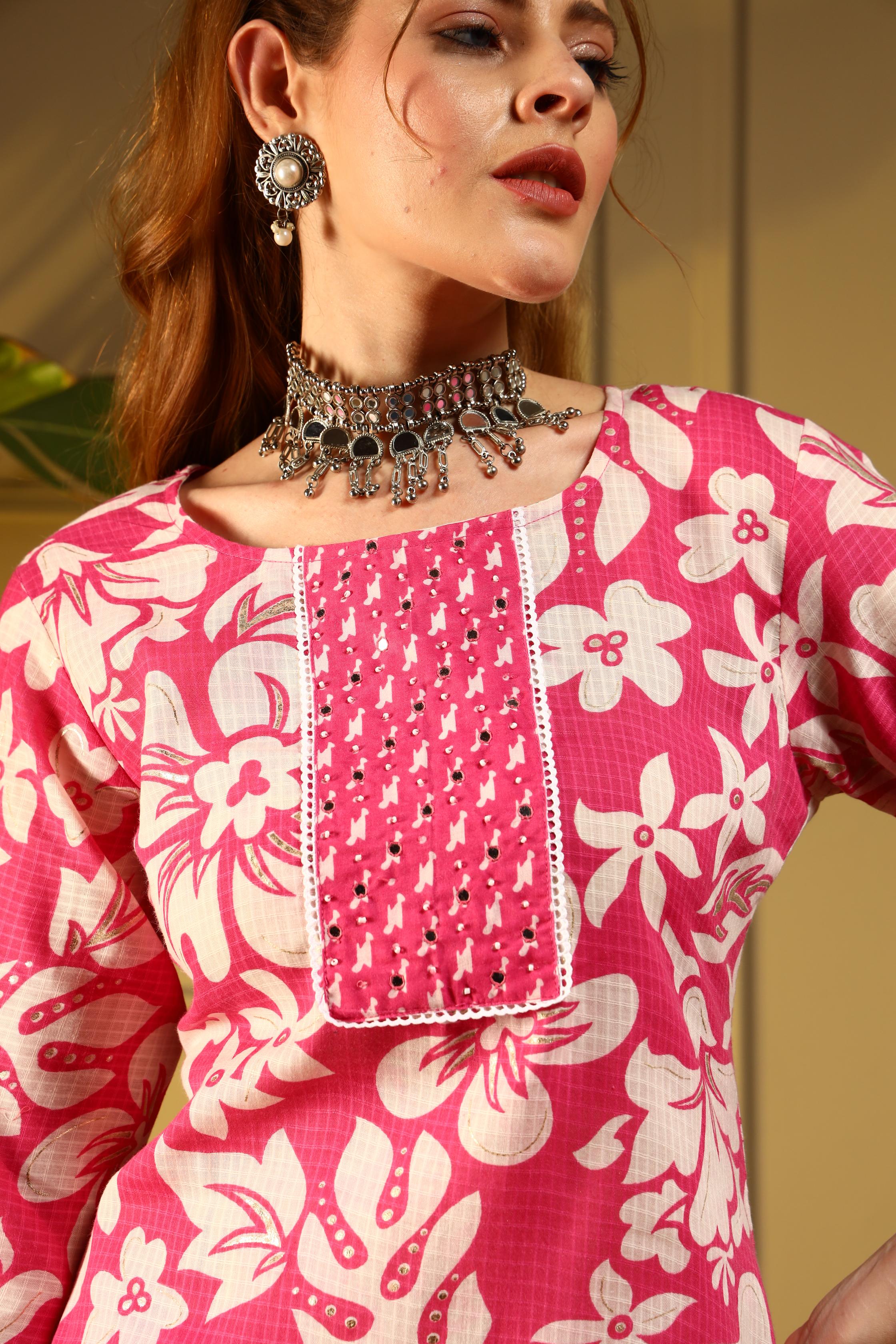 Blossom Charm Pink Printed Kurta Set