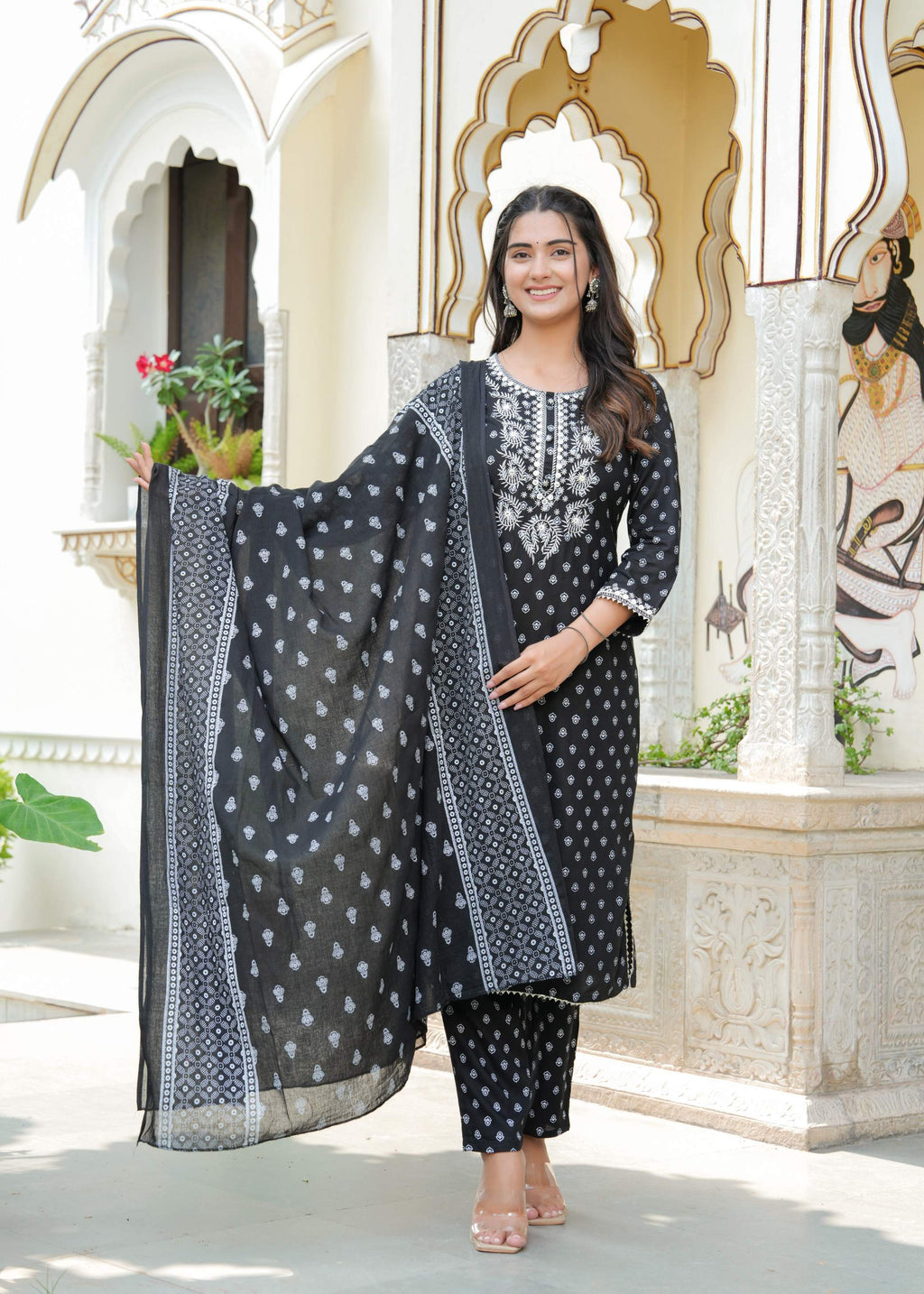Black Embroidered Cotton Kurta Set