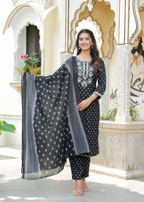 Black Embroidered Cotton Kurta Set