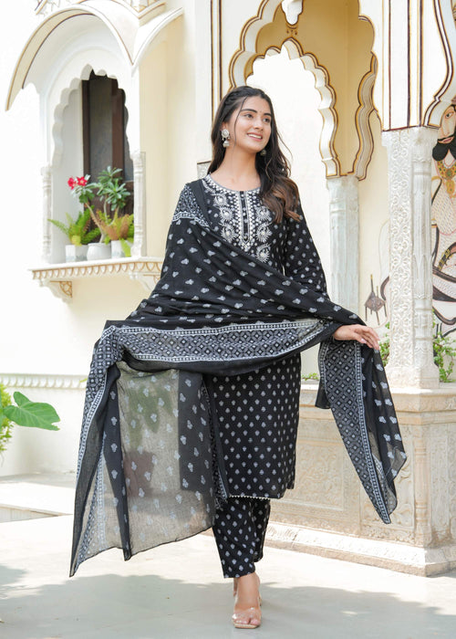 Black Embroidered Cotton Kurta Set