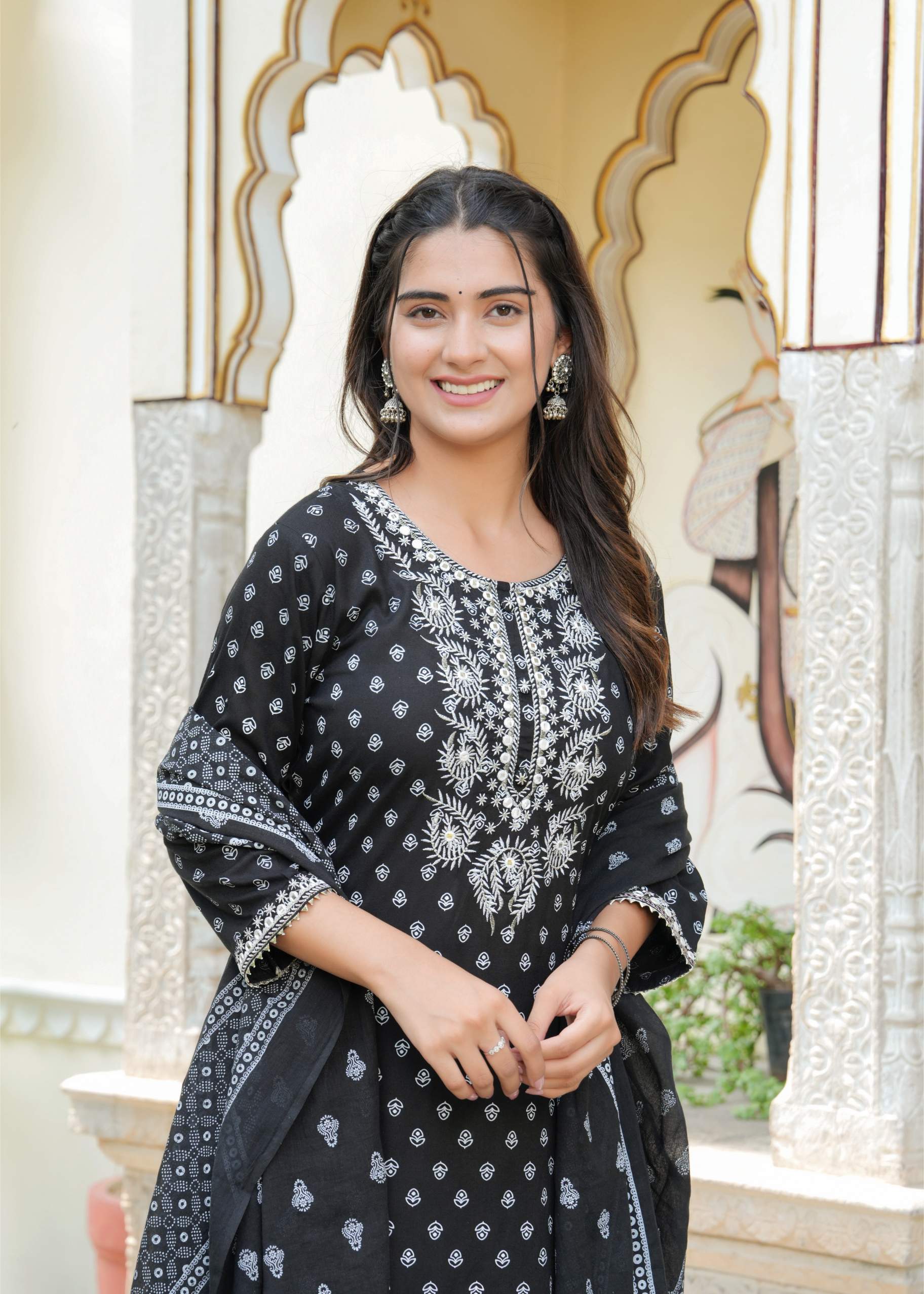 Black Embroidered Cotton Kurta Set