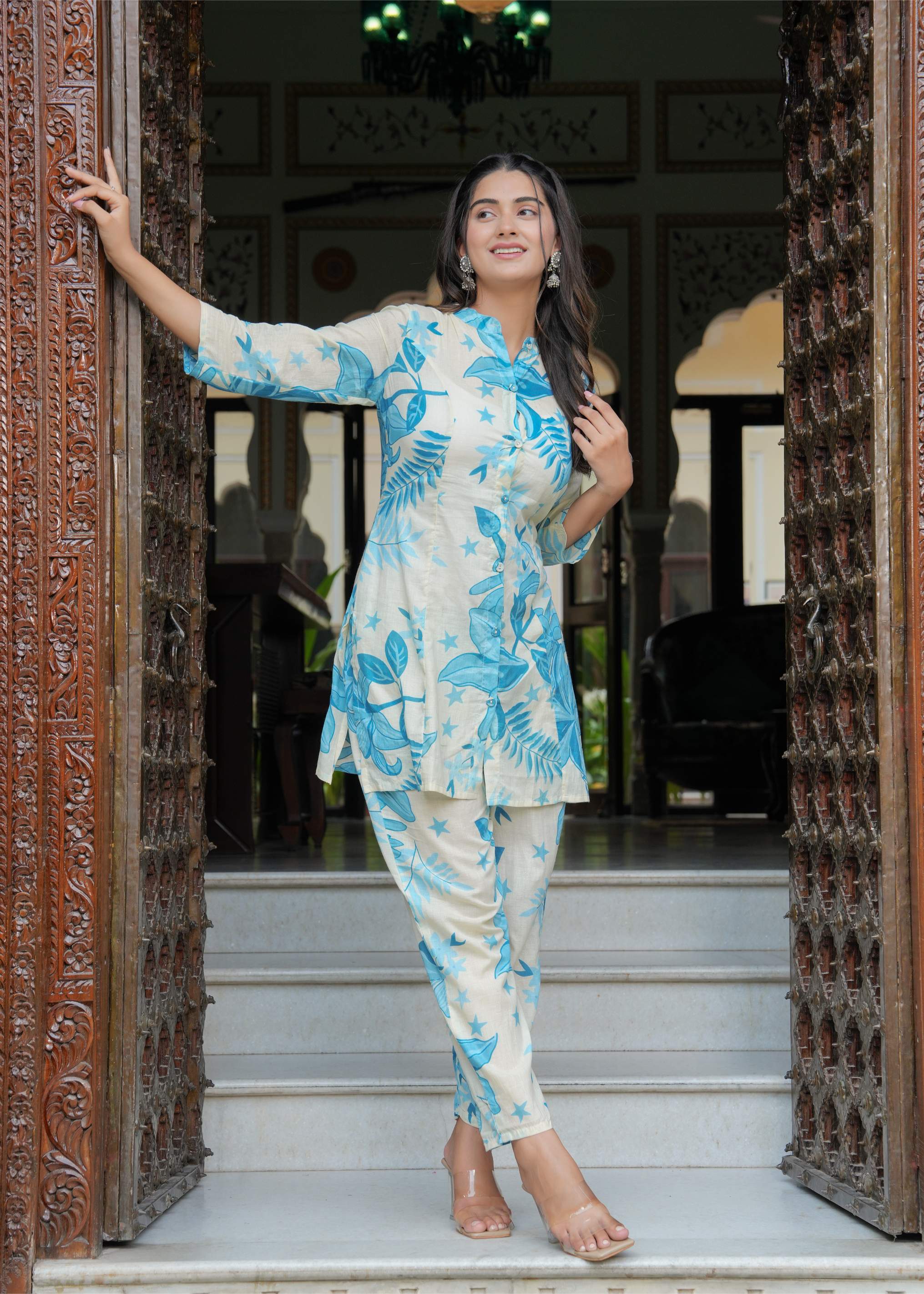 Ivory & Blue Botanical Print Cotton Co-ord Set