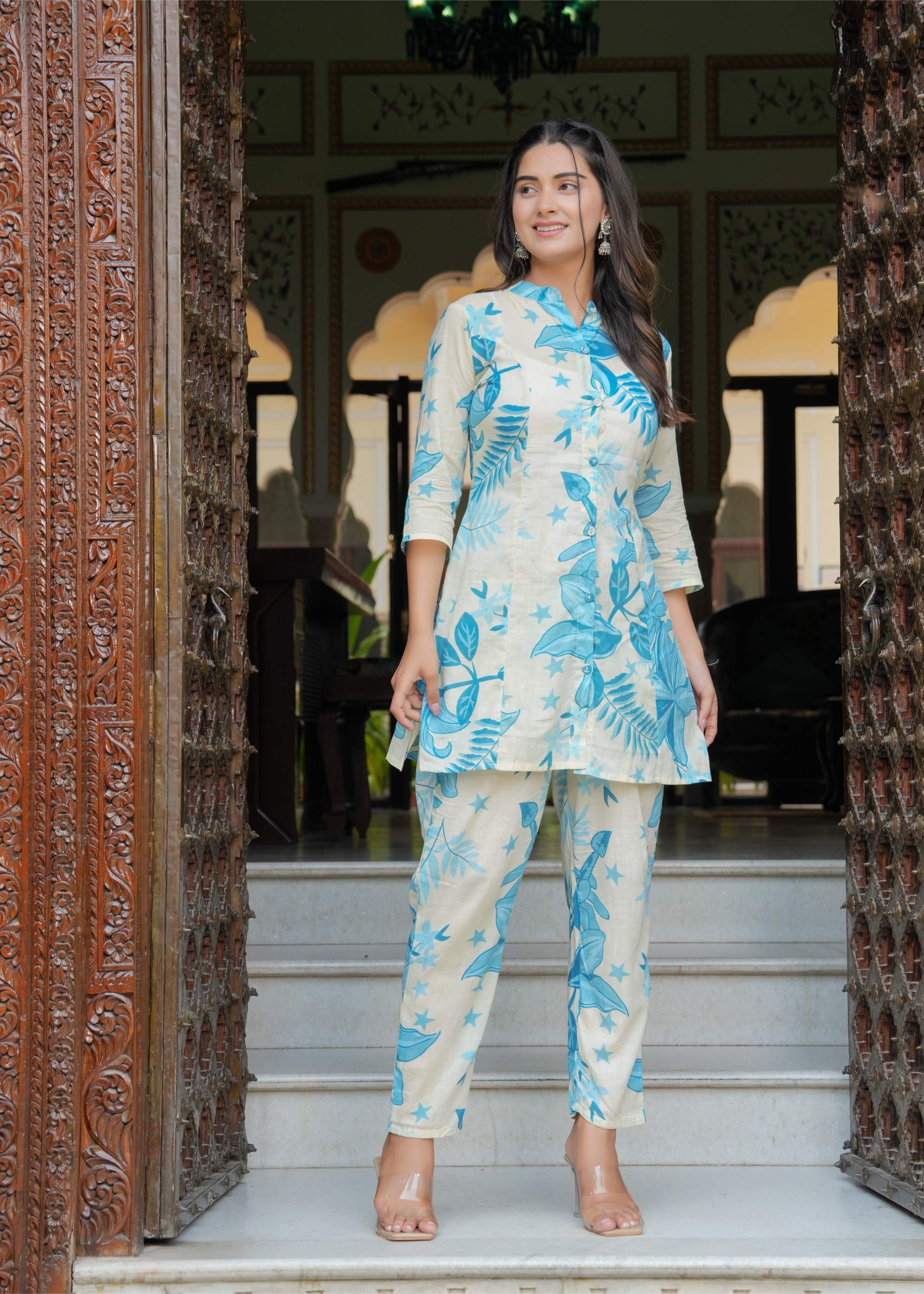 Ivory & Blue Botanical Print Cotton Co-ord Set