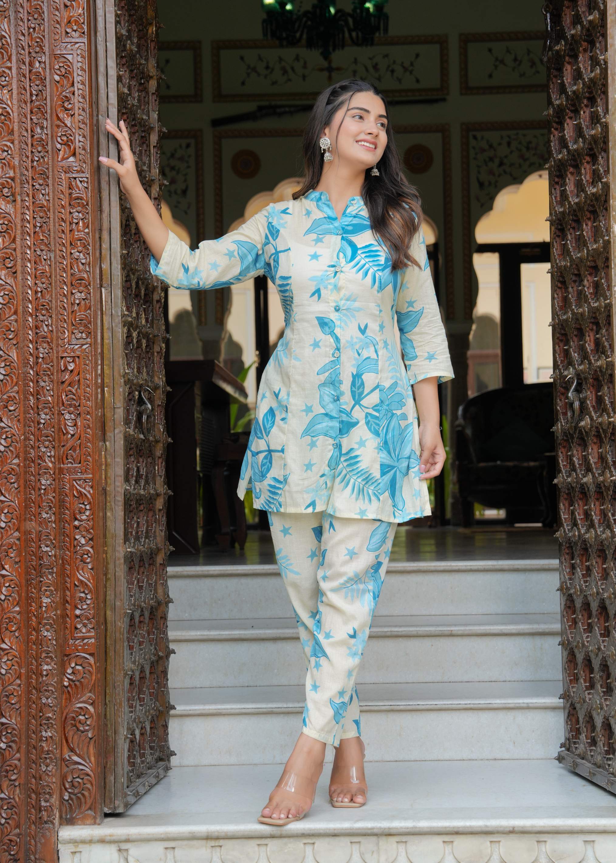 Ivory & Blue Botanical Print Cotton Co-ord Set