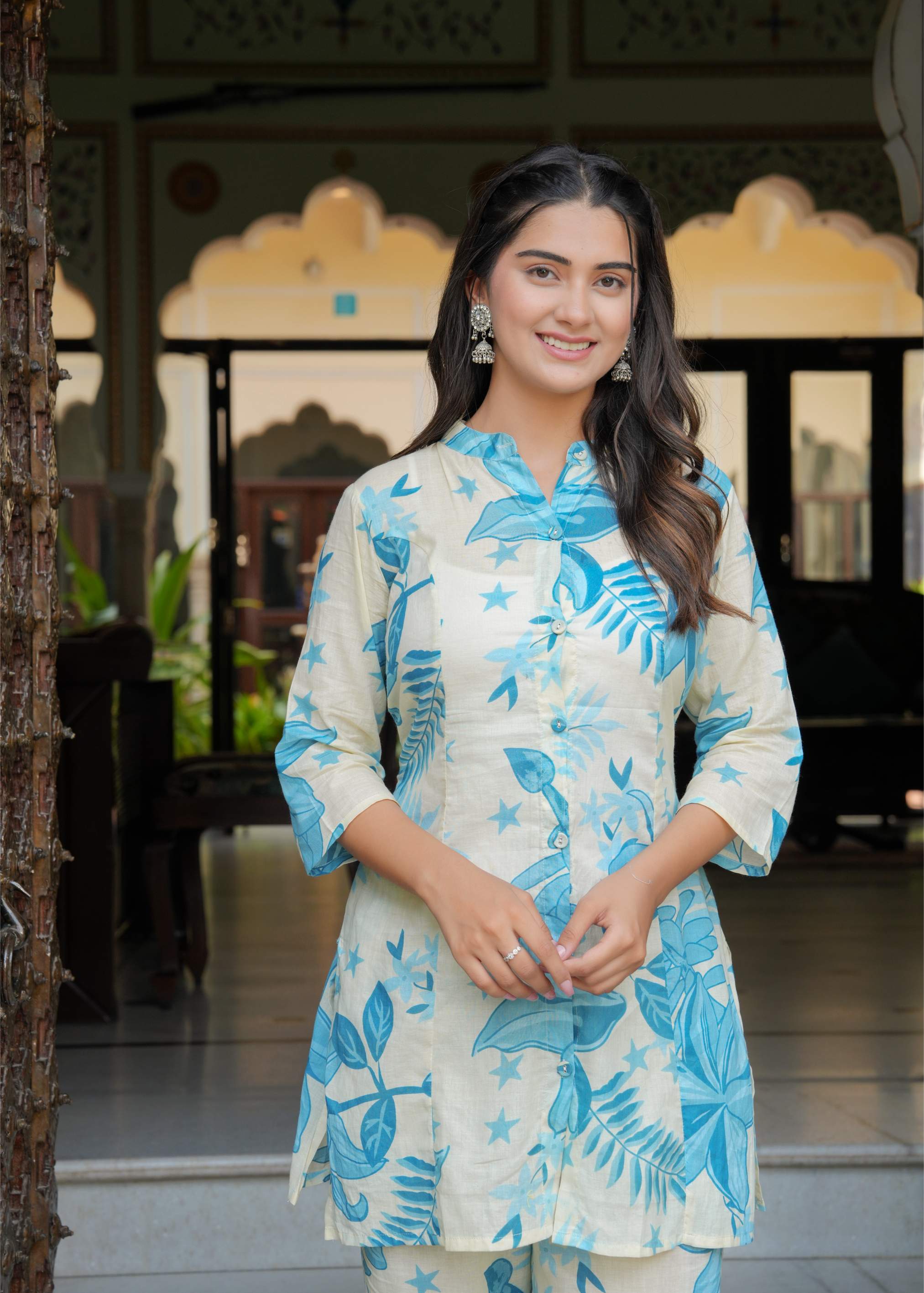 Ivory & Blue Botanical Print Cotton Co-ord Set