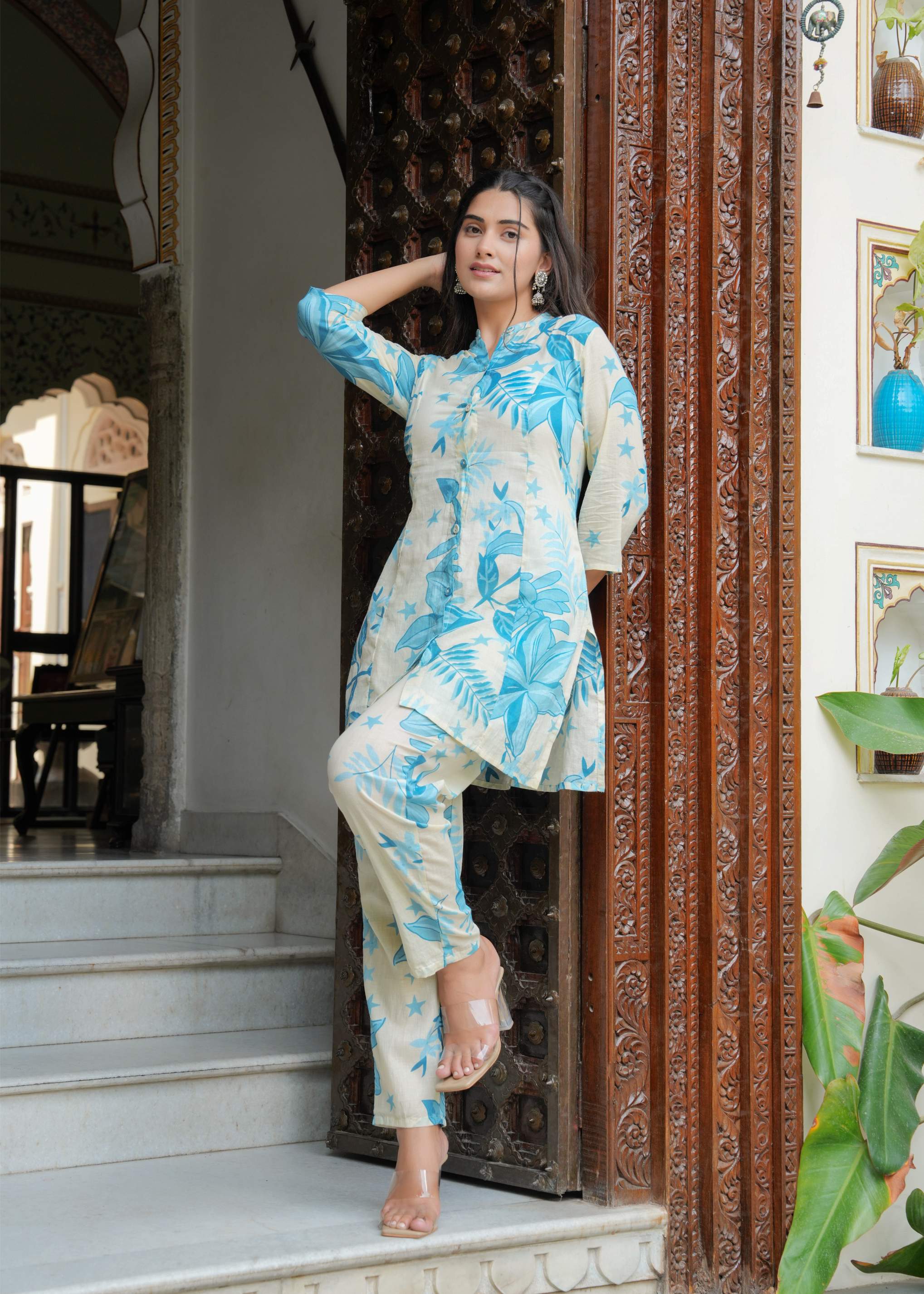 Ivory & Blue Botanical Print Cotton Co-ord Set