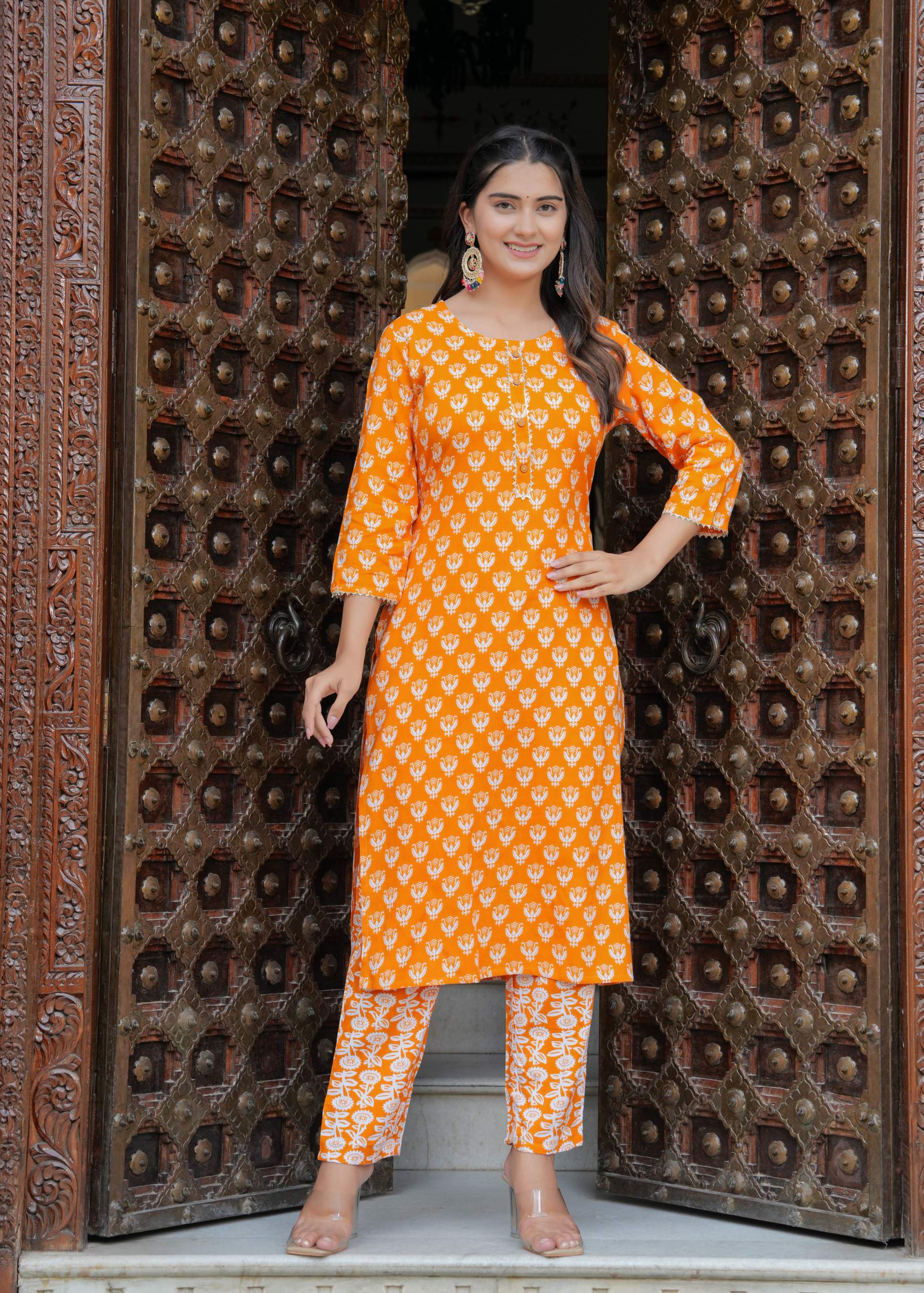 Orange Printed Cotton Kurta Set