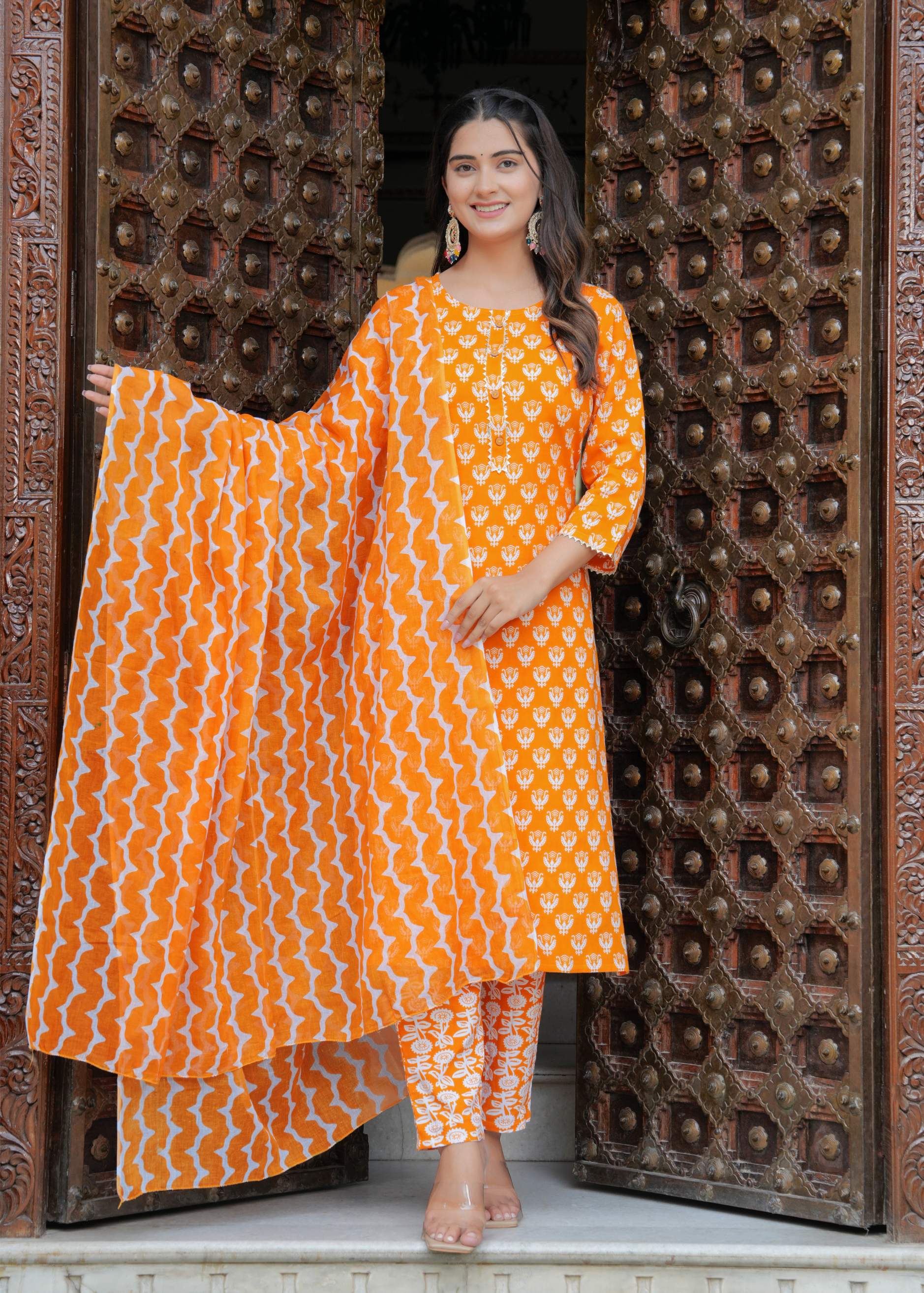 Orange Printed Cotton Kurta Set