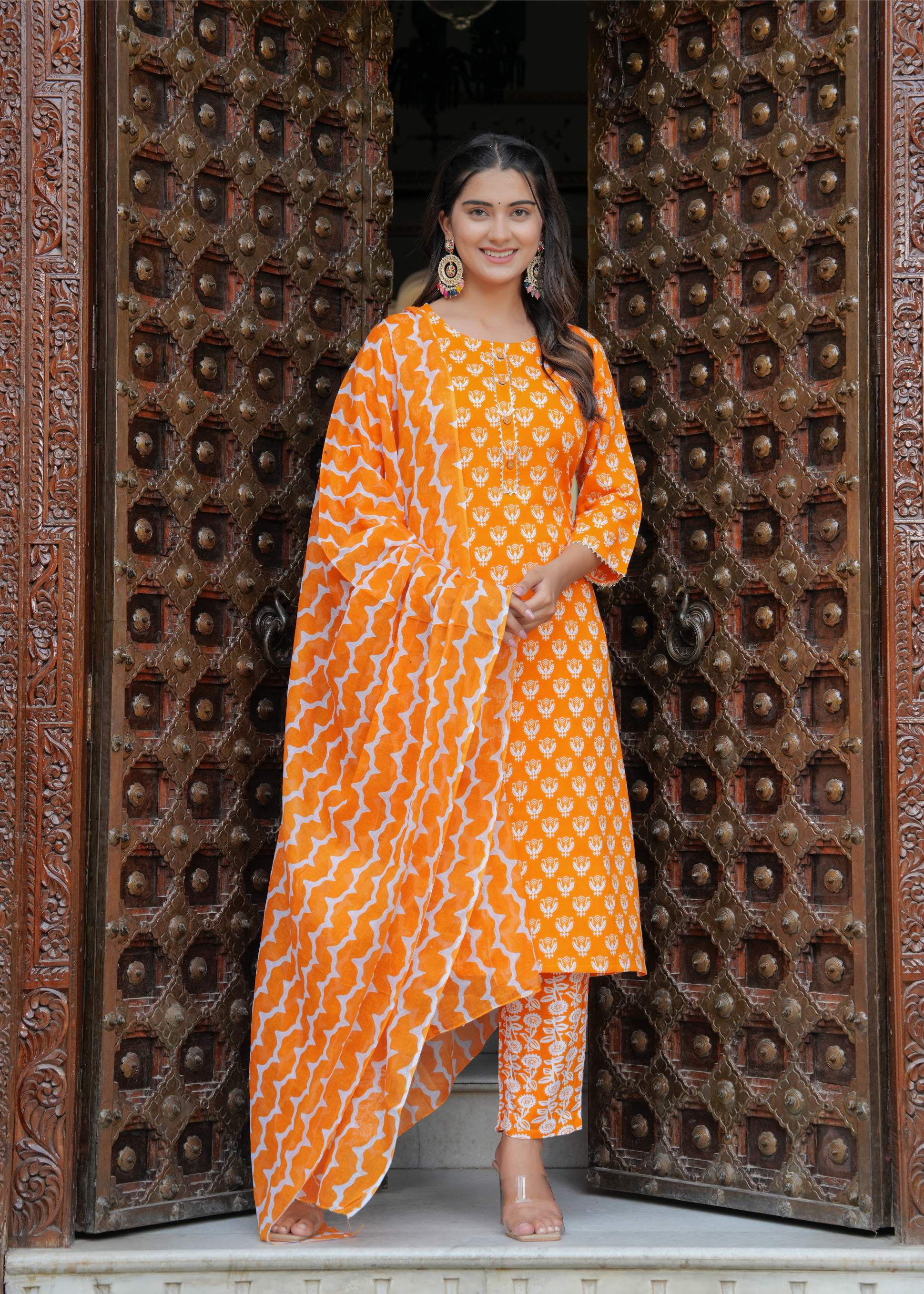 Orange Printed Cotton Kurta Set