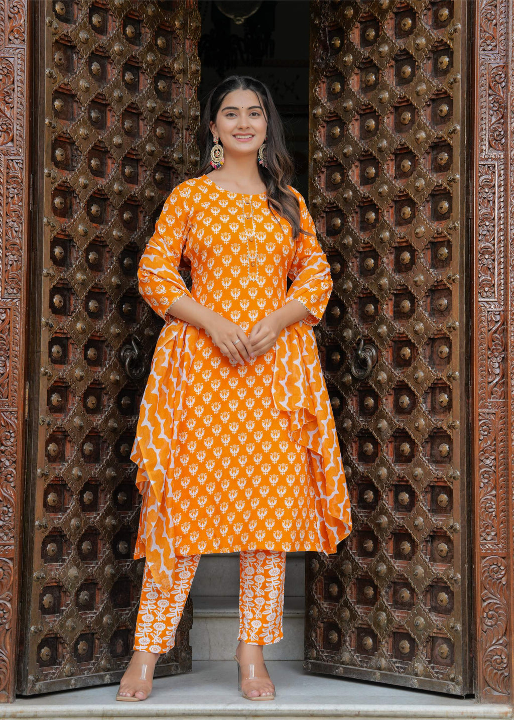 Orange Printed Cotton Kurta Set