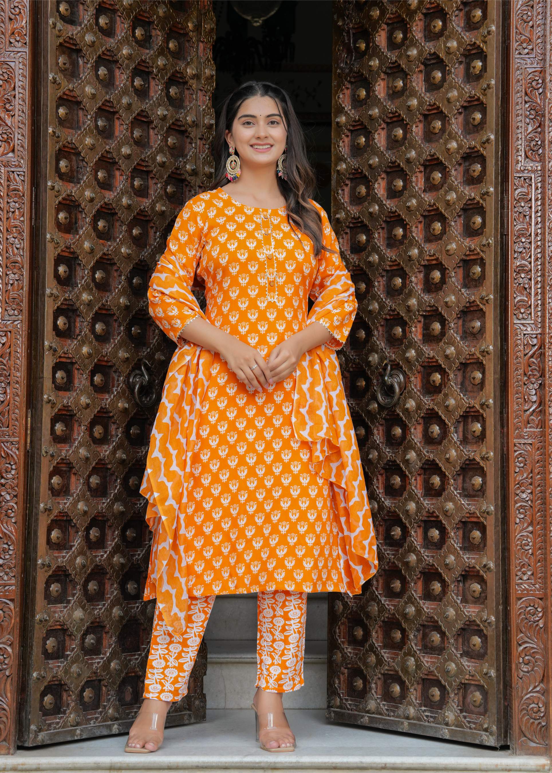 Orange Printed Cotton Kurta Set