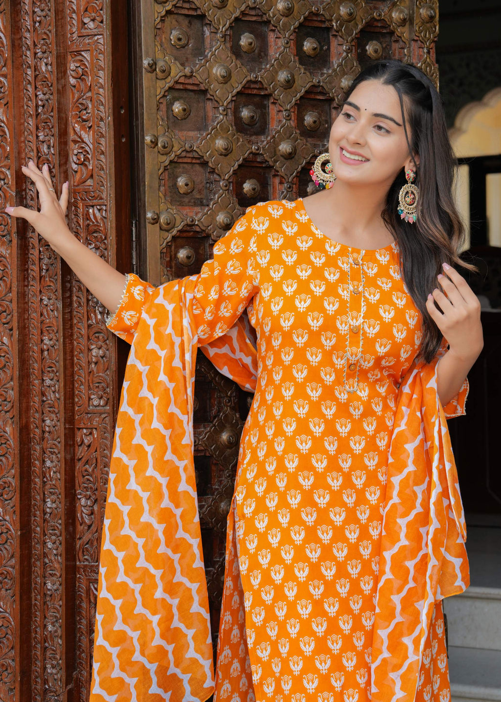 Orange Printed Cotton Kurta Set