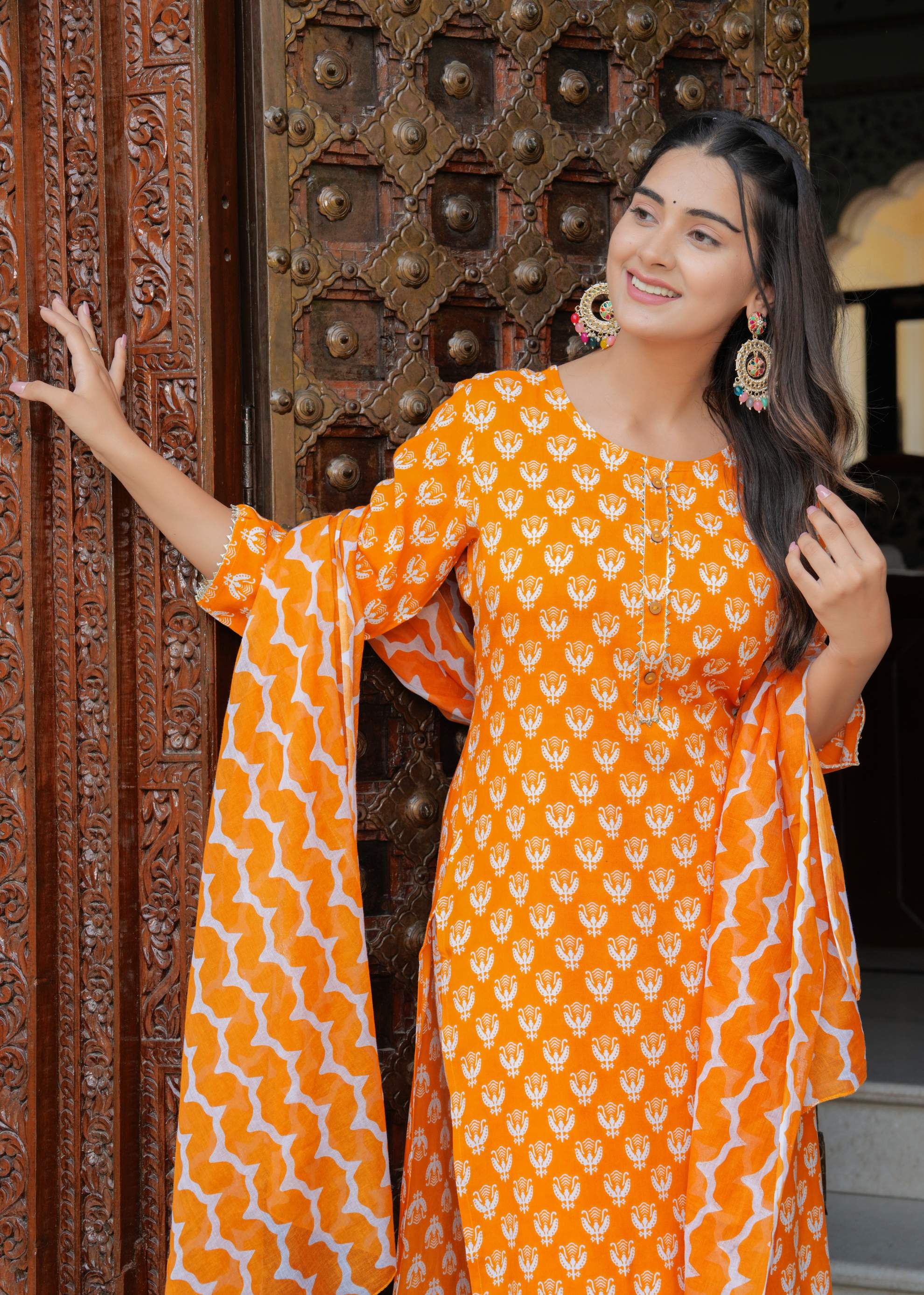 Orange Printed Cotton Kurta Set