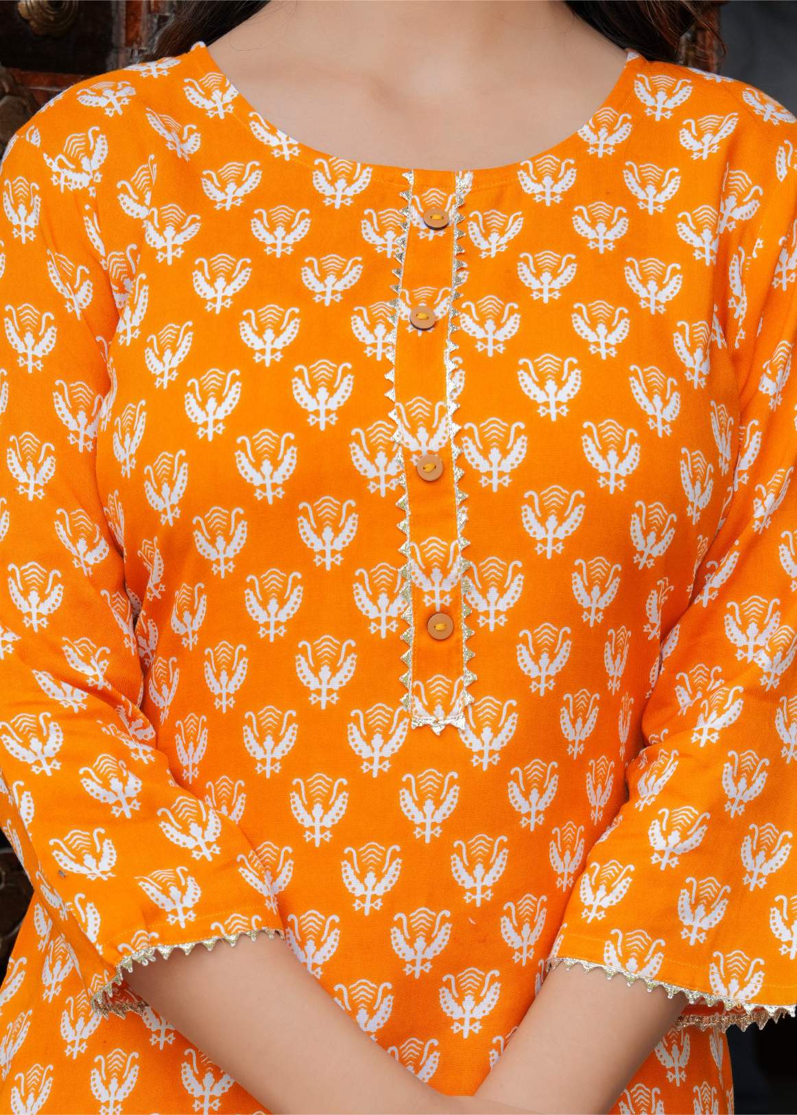 Orange Printed Cotton Kurta Set