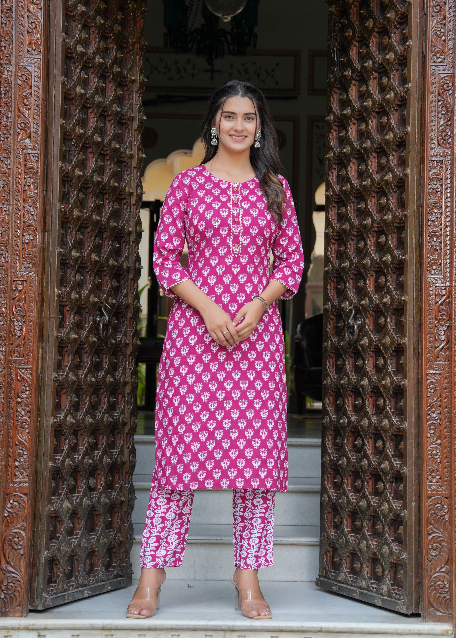Magenta Printed Cotton Kurta Set