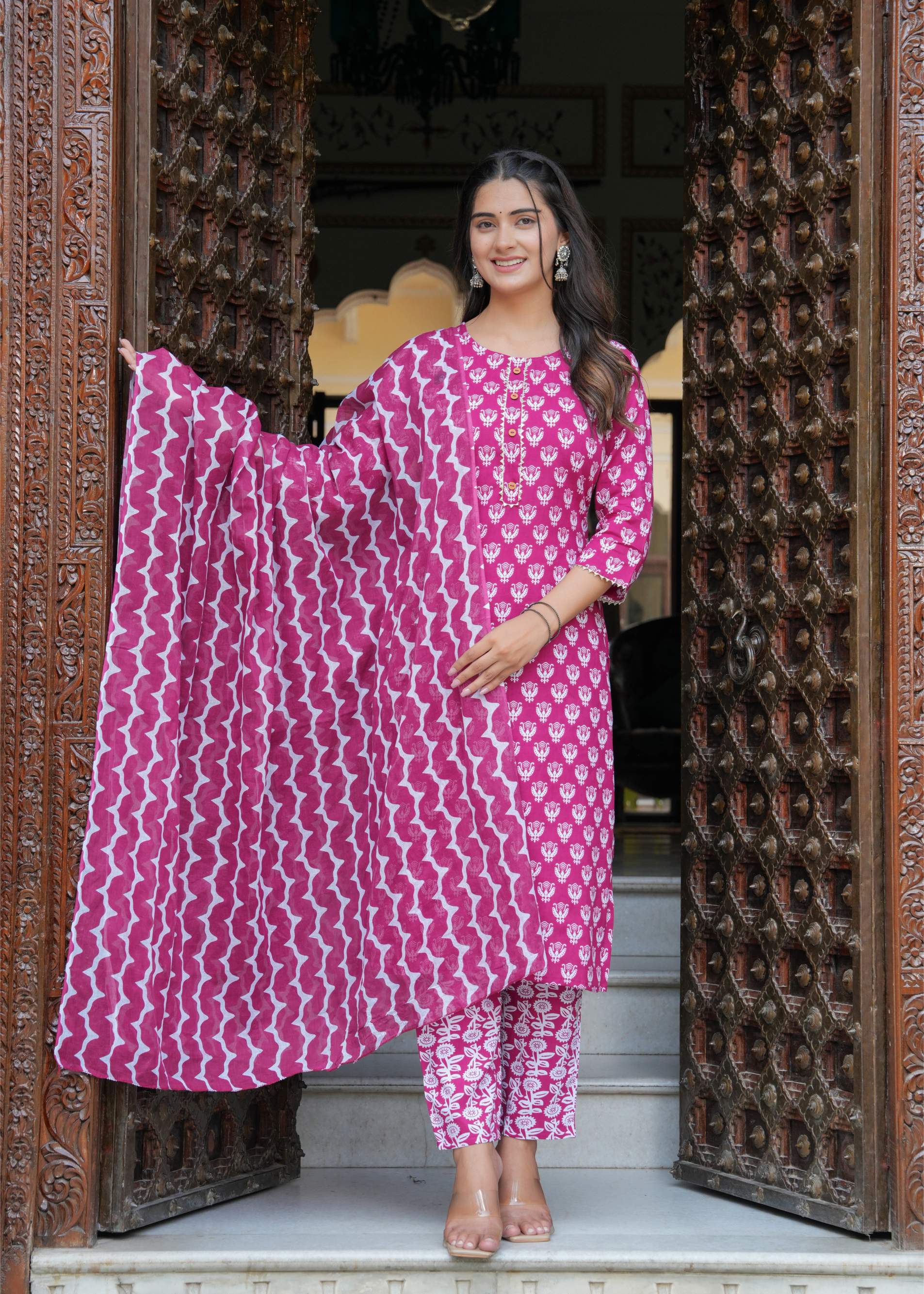 Magenta Printed Cotton Kurta Set