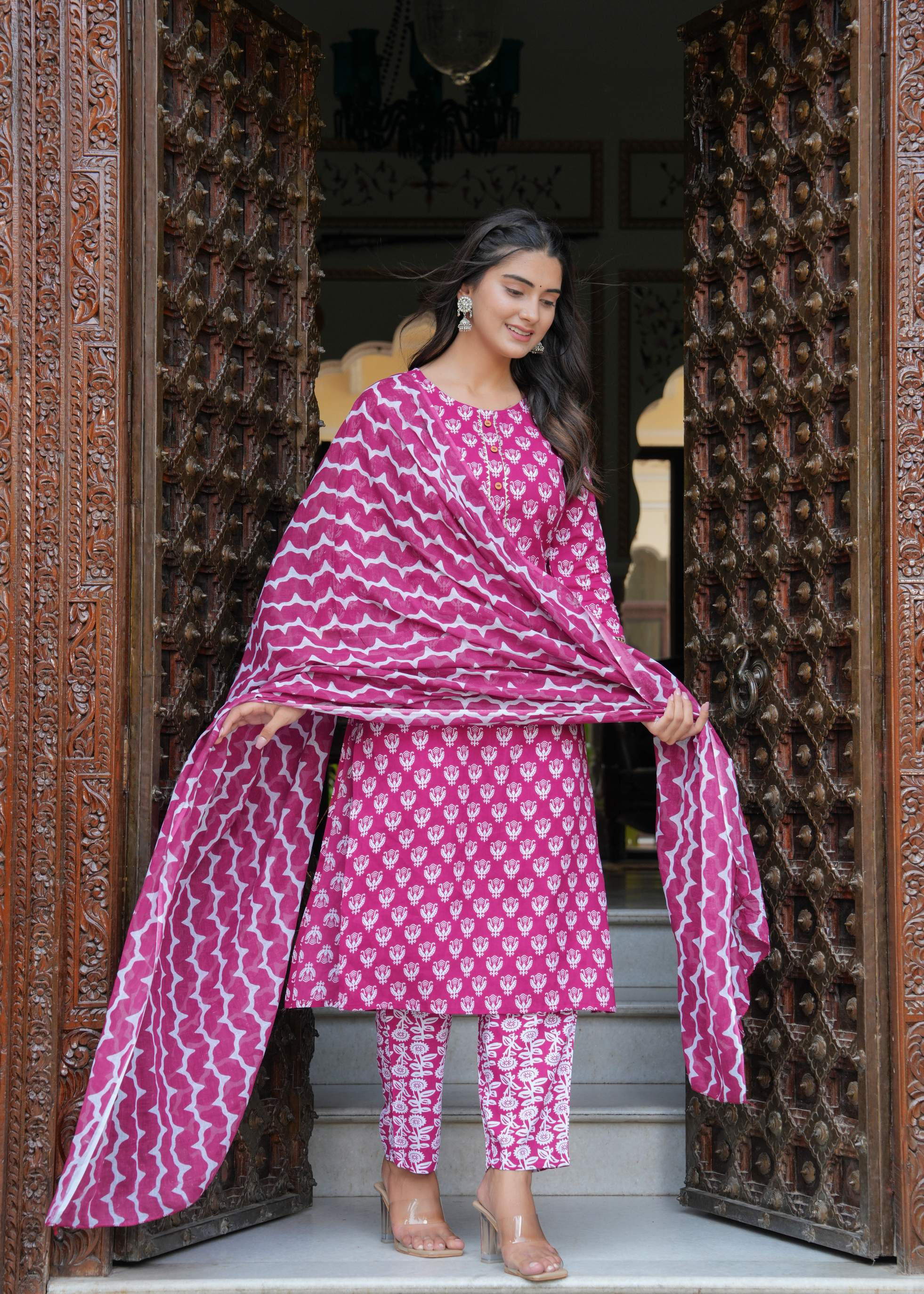 Magenta Printed Cotton Kurta Set