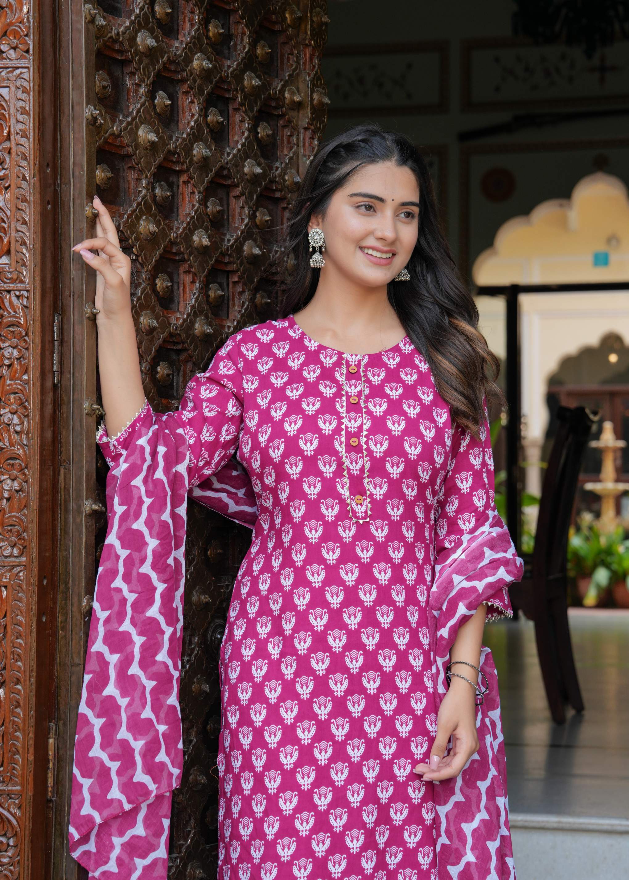 Magenta Printed Cotton Kurta Set