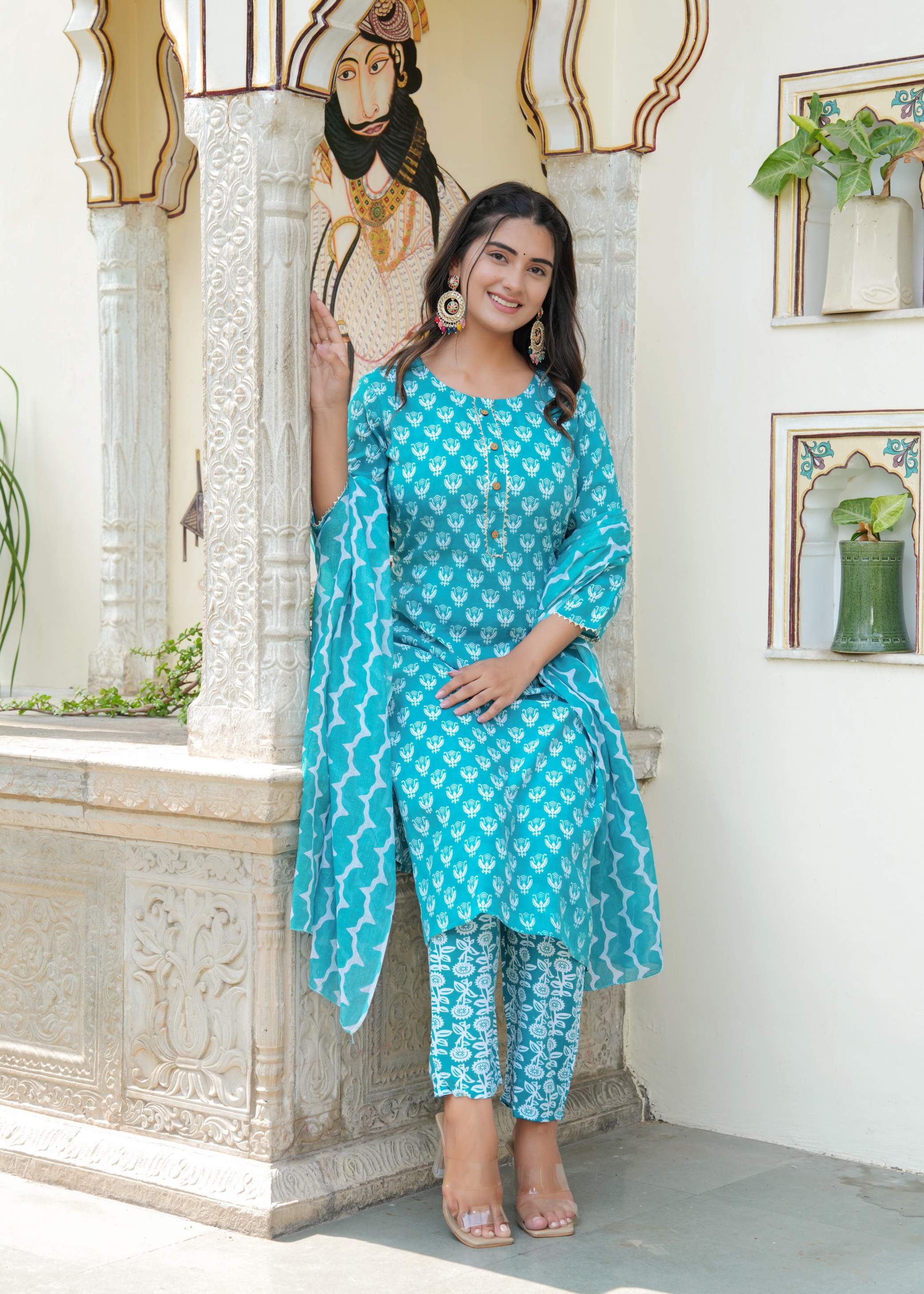 Sky Blue Floral Print Cotton Kurta Set