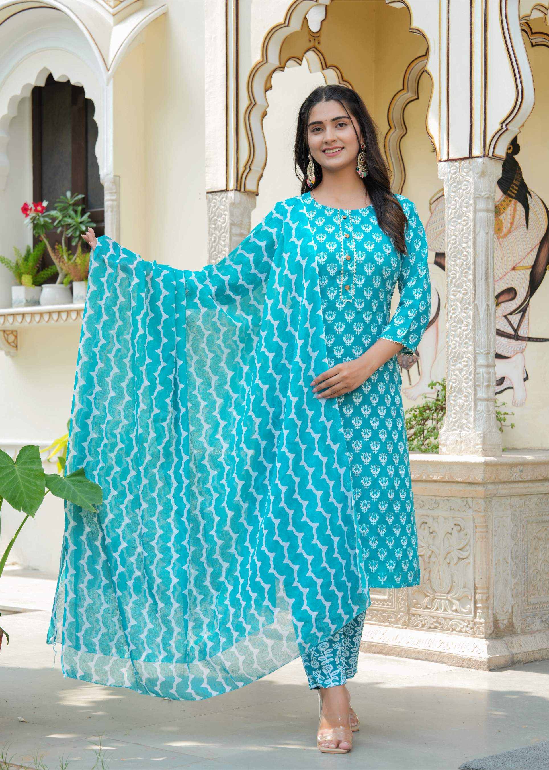 Sky Blue Floral Print Cotton Kurta Set