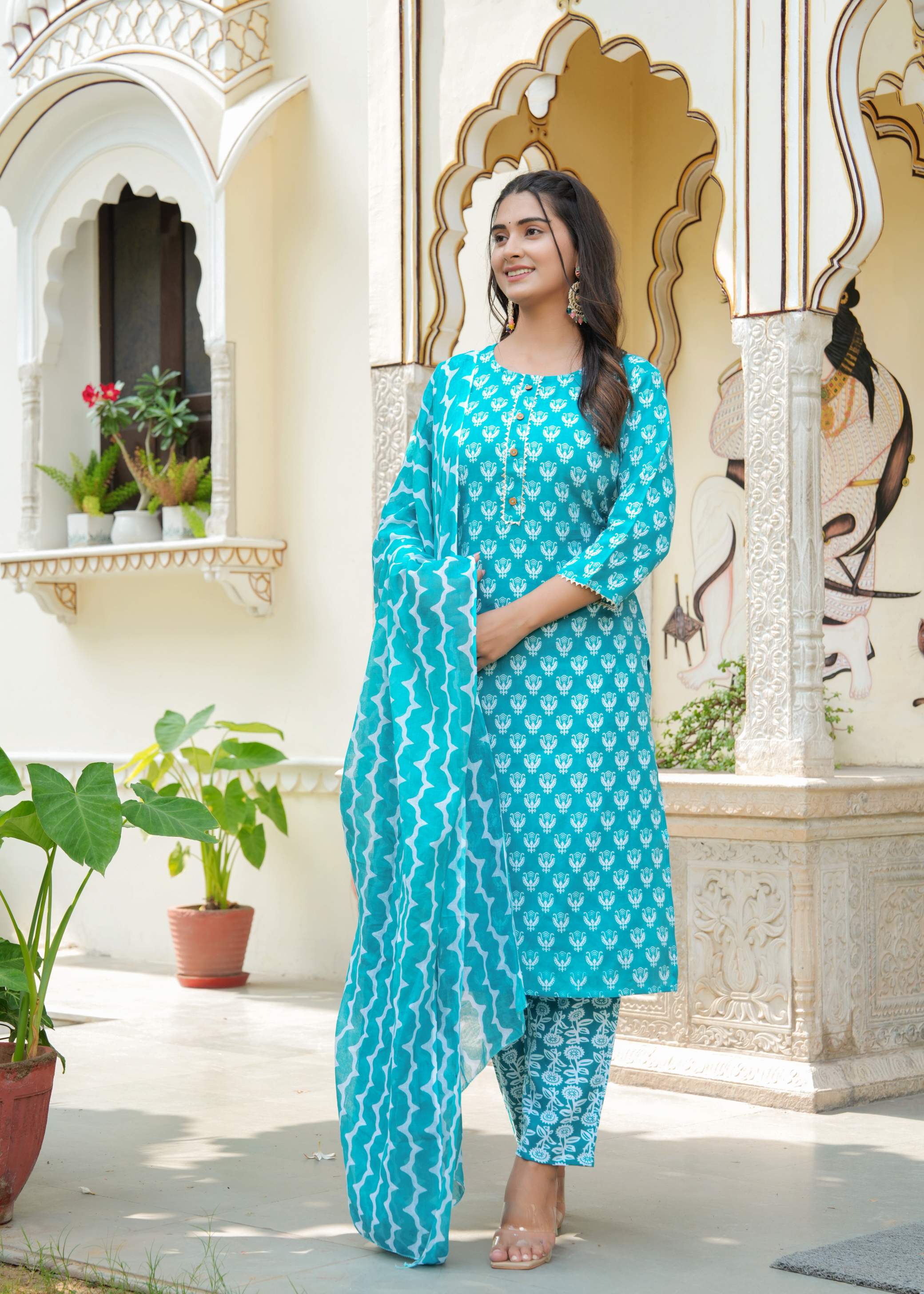 Sky Blue Floral Print Cotton Kurta Set