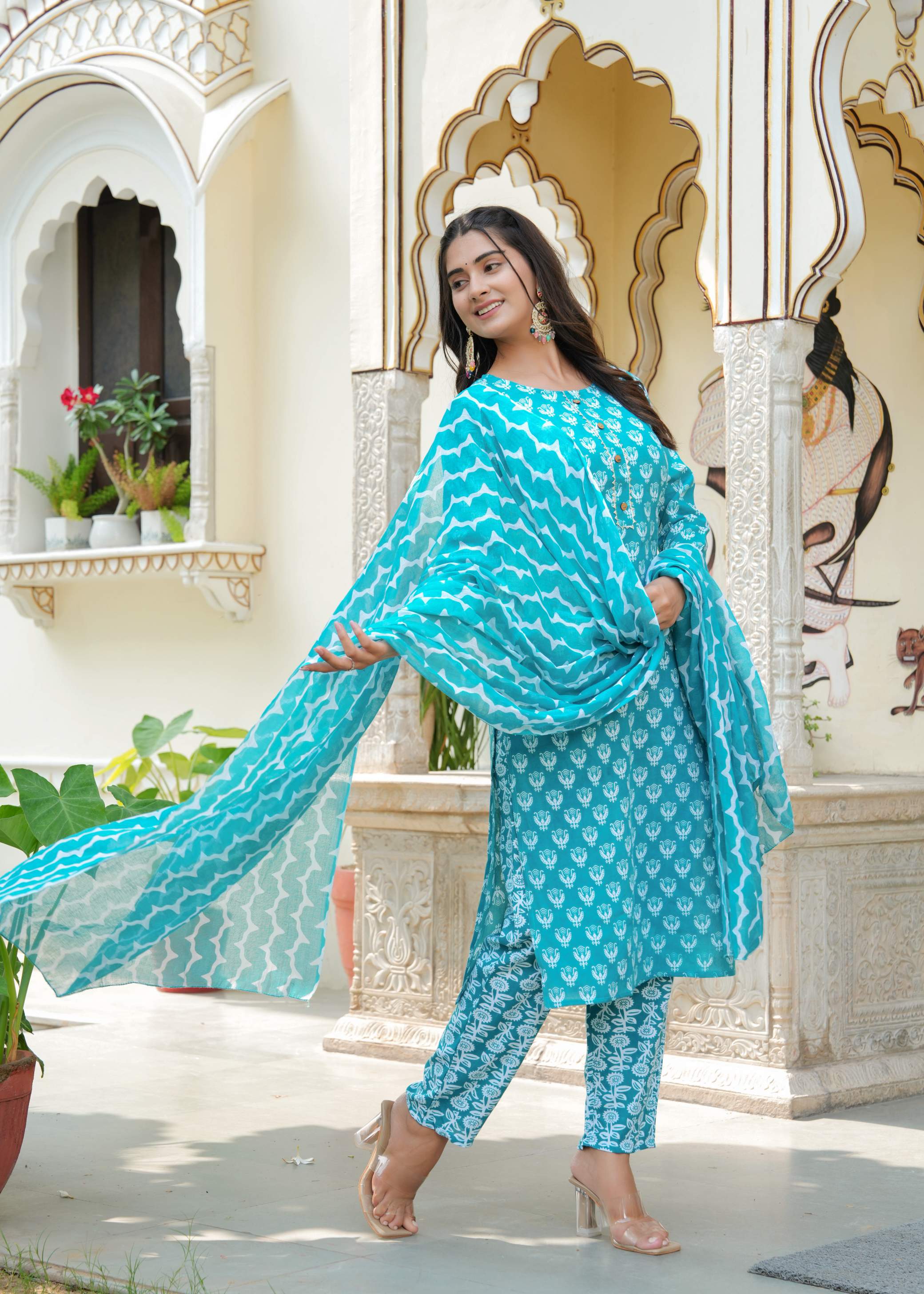 Sky Blue Floral Print Cotton Kurta Set