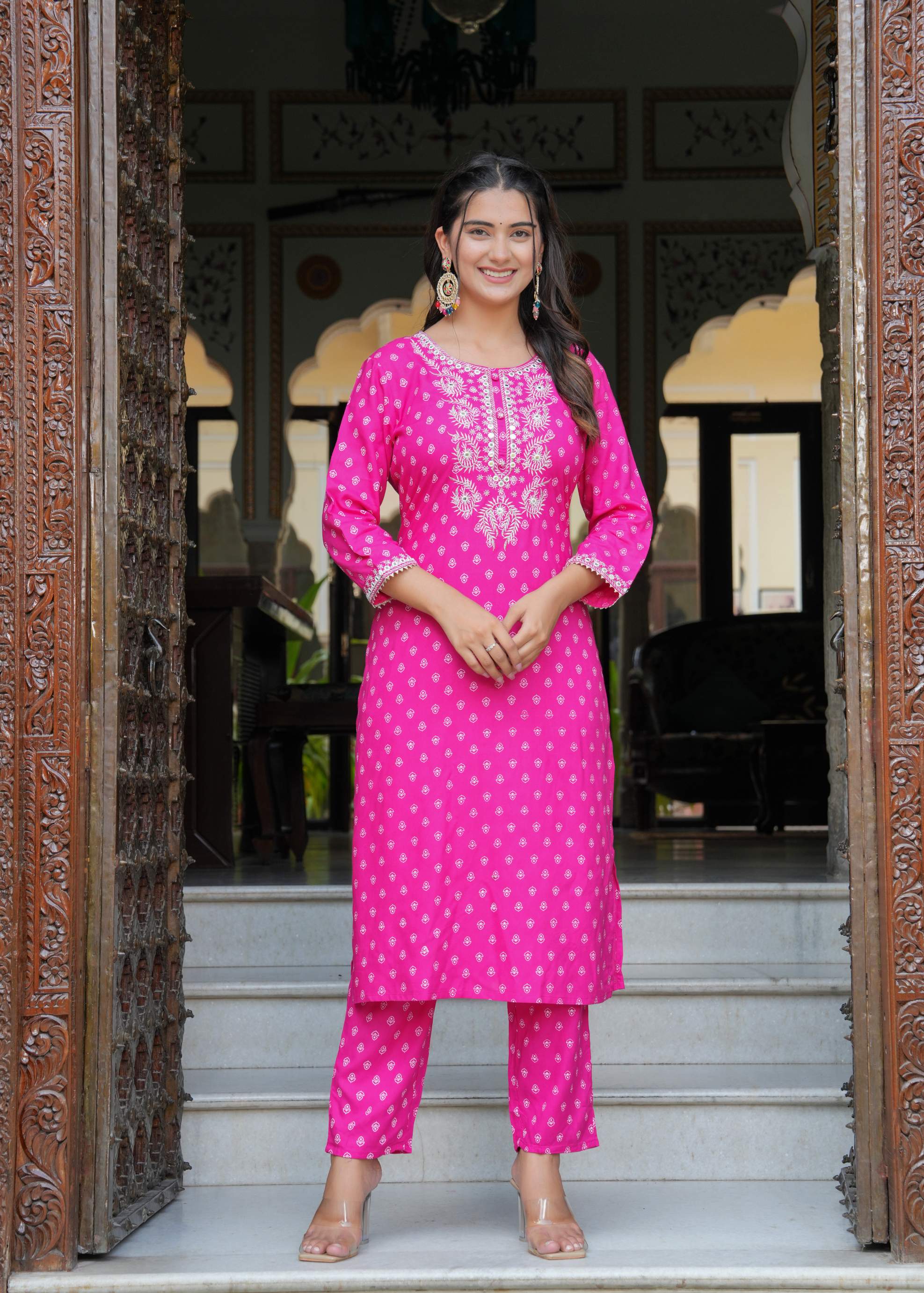 Pink Embroidered Cotton Kurta Set