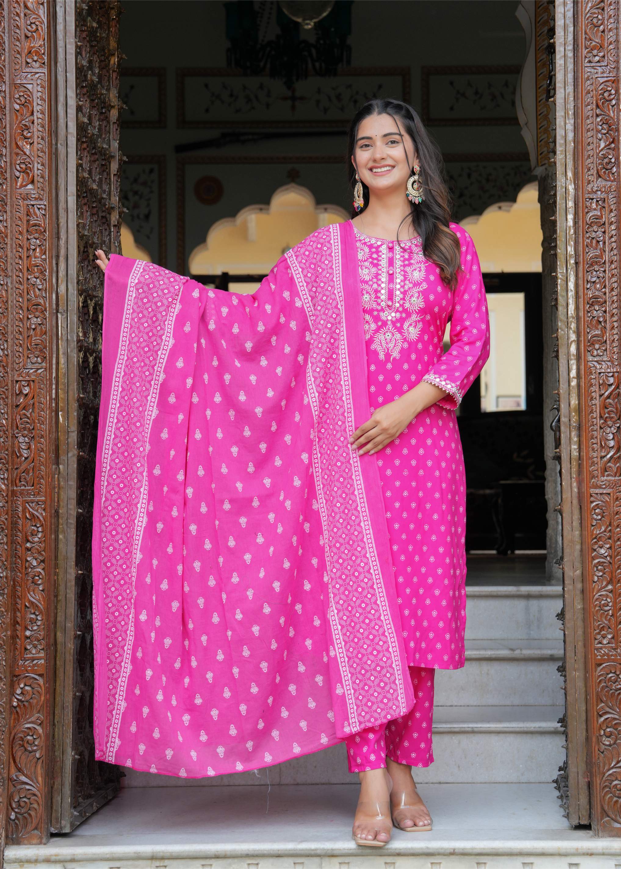 Pink Embroidered Cotton Kurta Set
