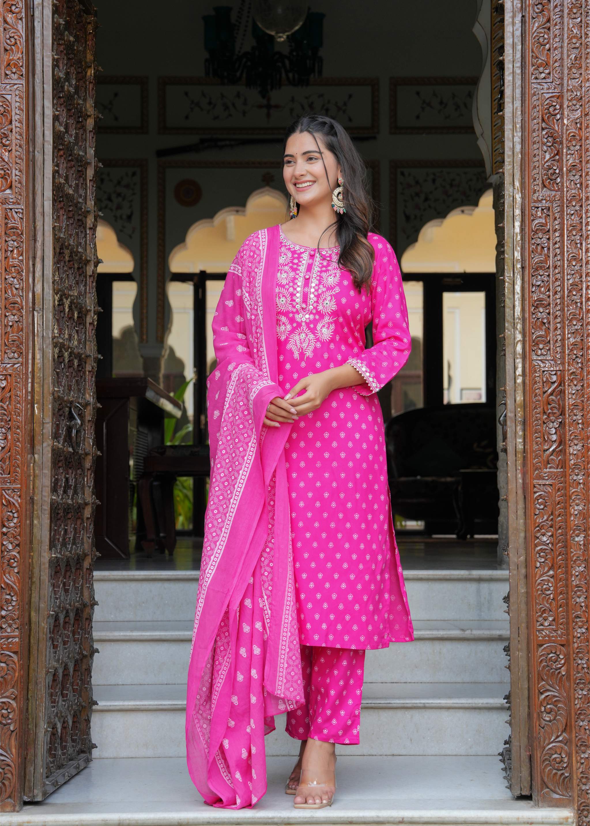 Pink Embroidered Cotton Kurta Set