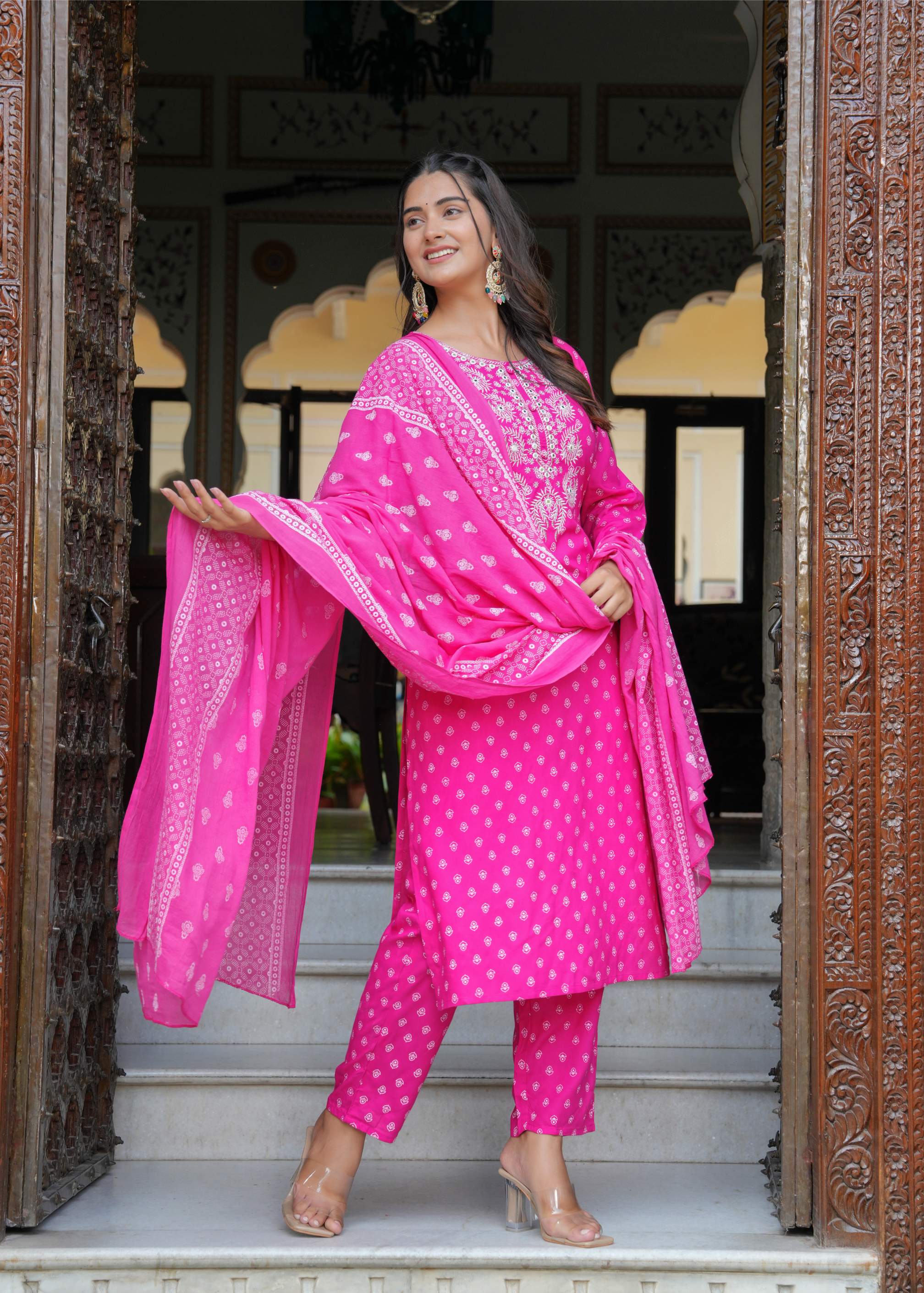Pink Embroidered Cotton Kurta Set