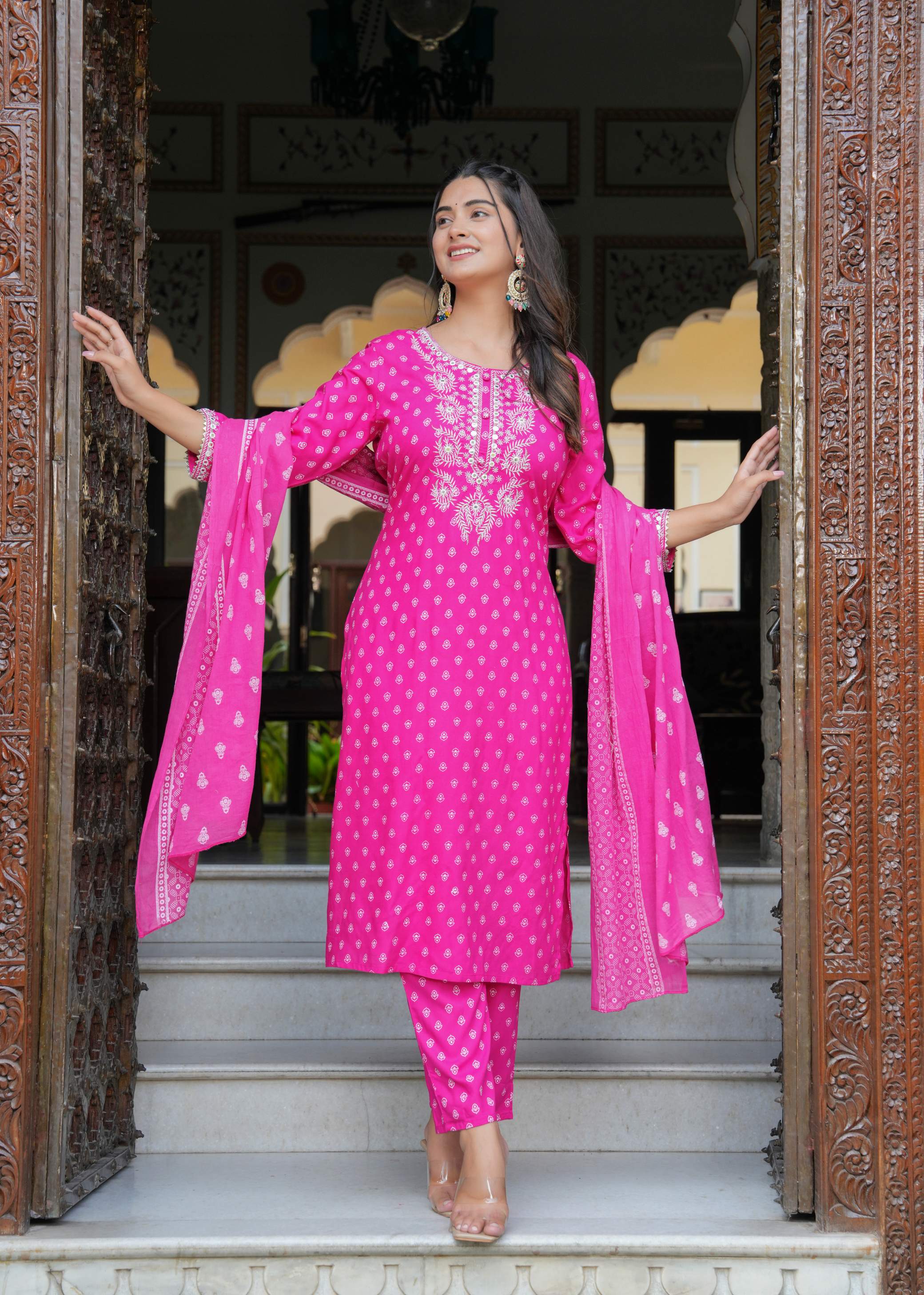 Pink Embroidered Cotton Kurta Set