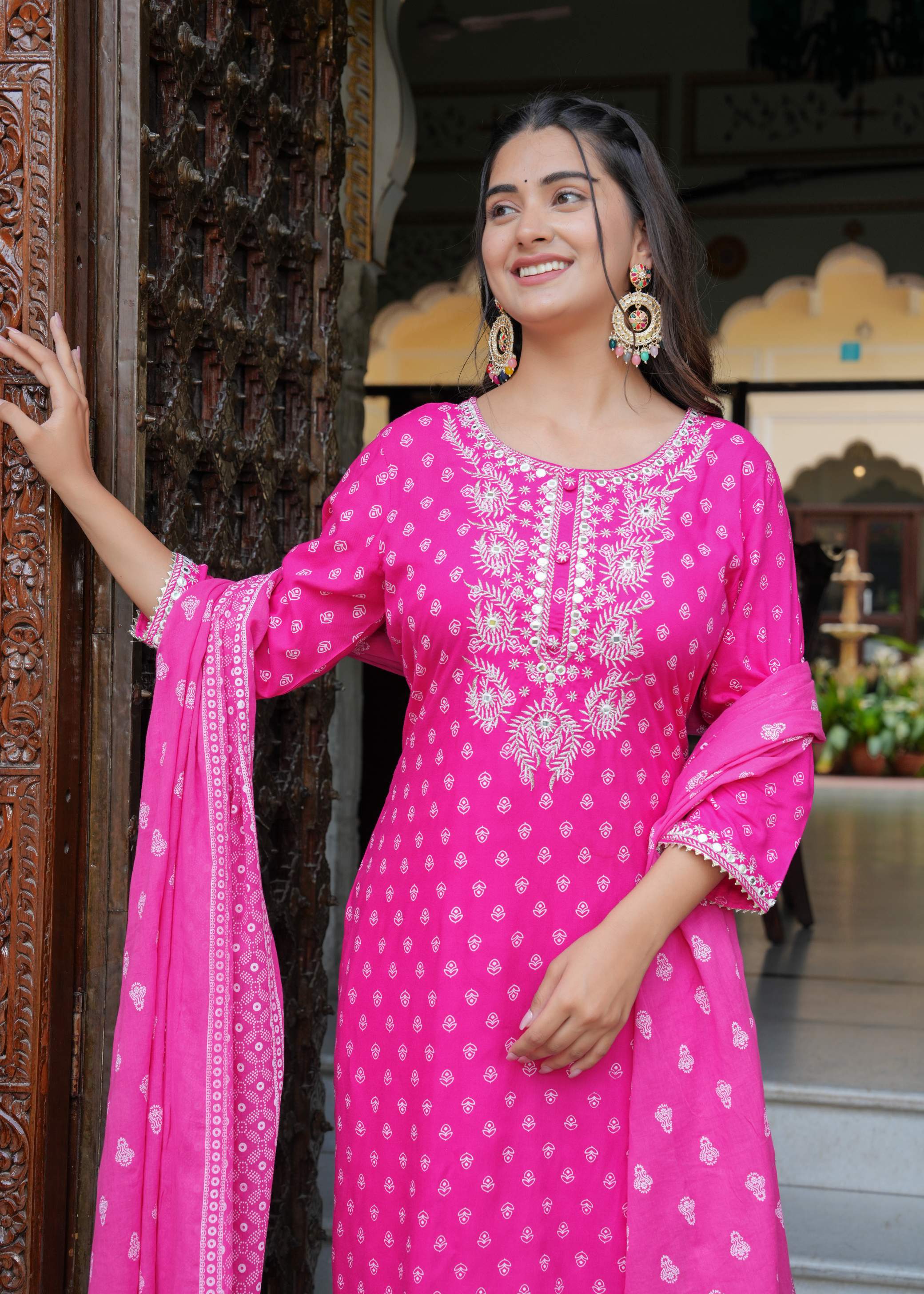 Pink Embroidered Cotton Kurta Set