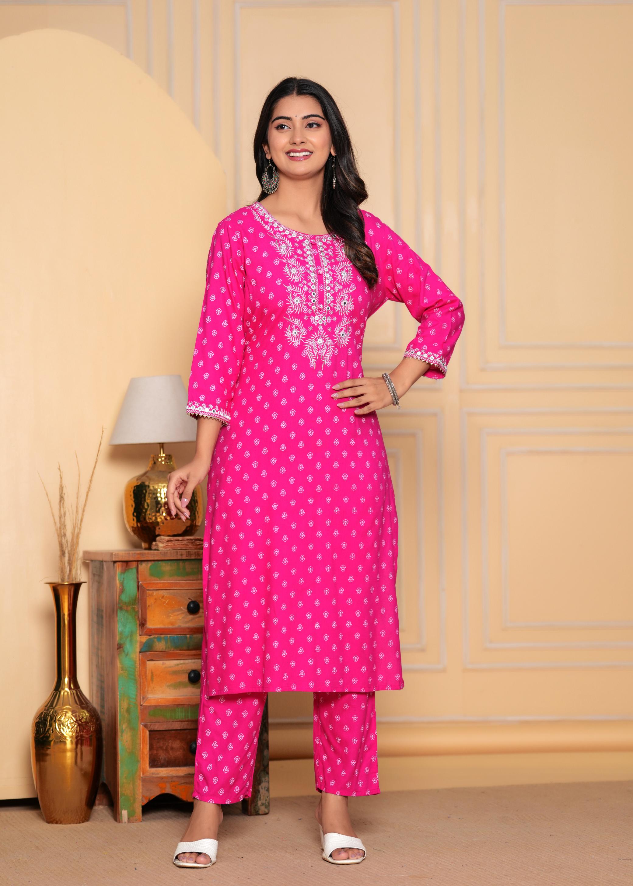 Pink Printed Cotton Kurta Set