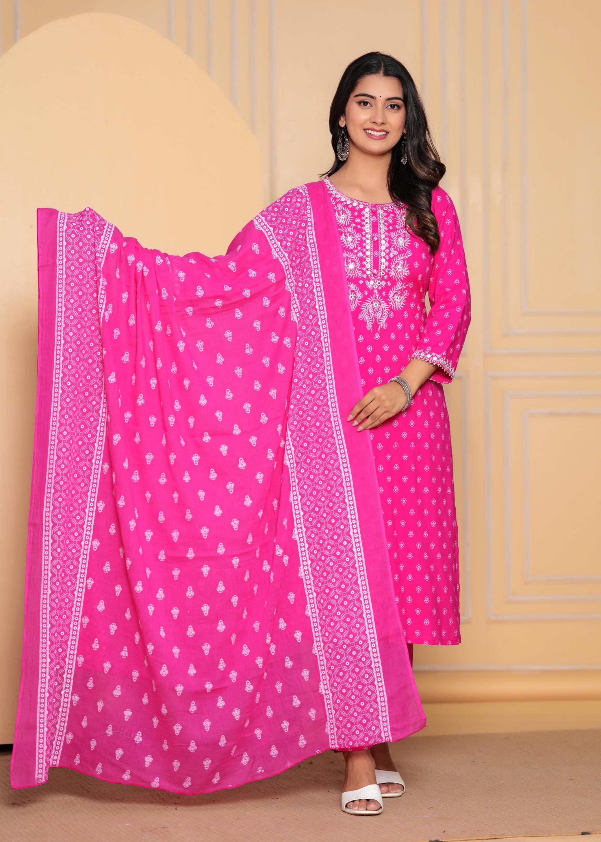 Pink Printed Cotton Kurta Set