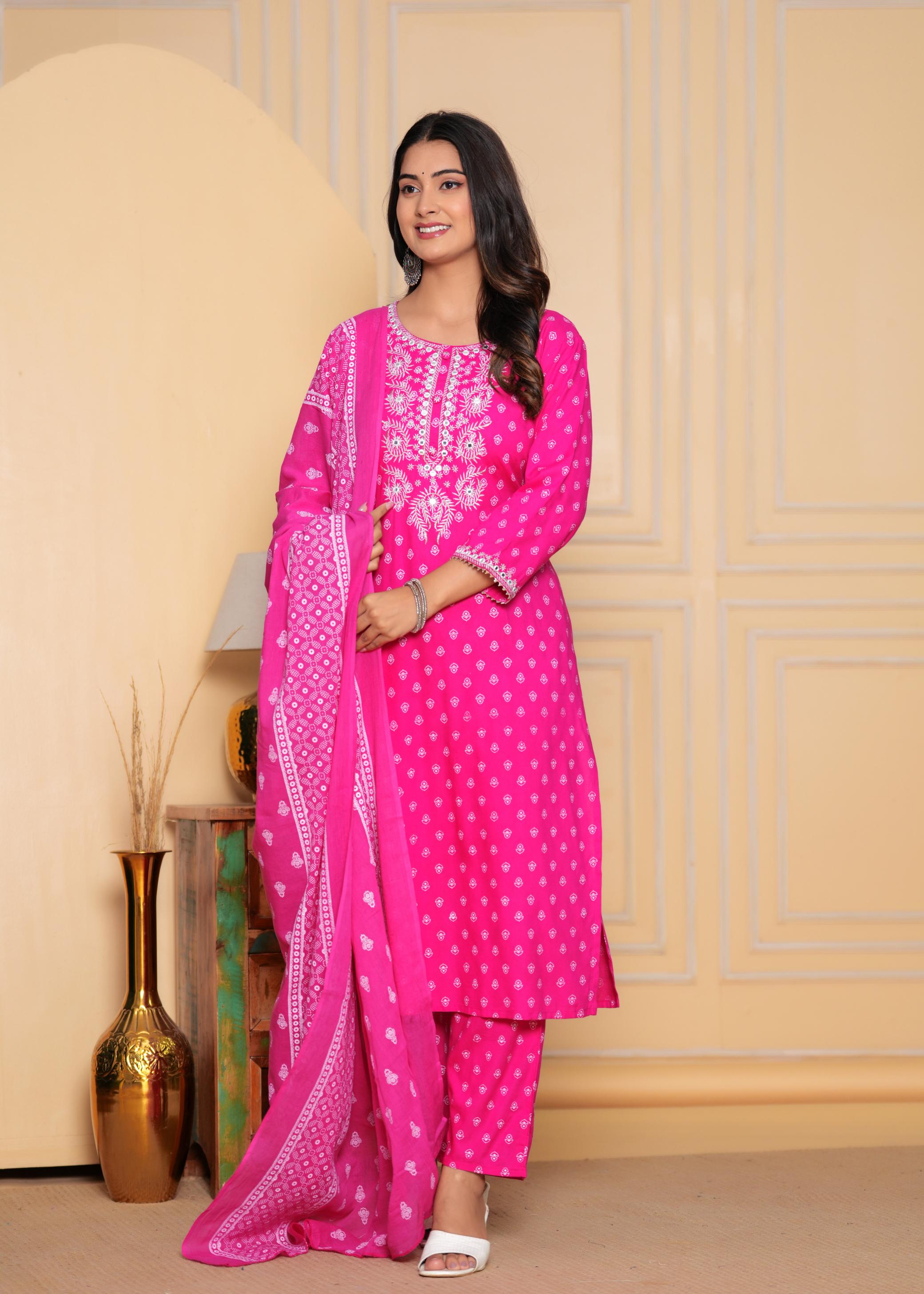 Pink Printed Cotton Kurta Set
